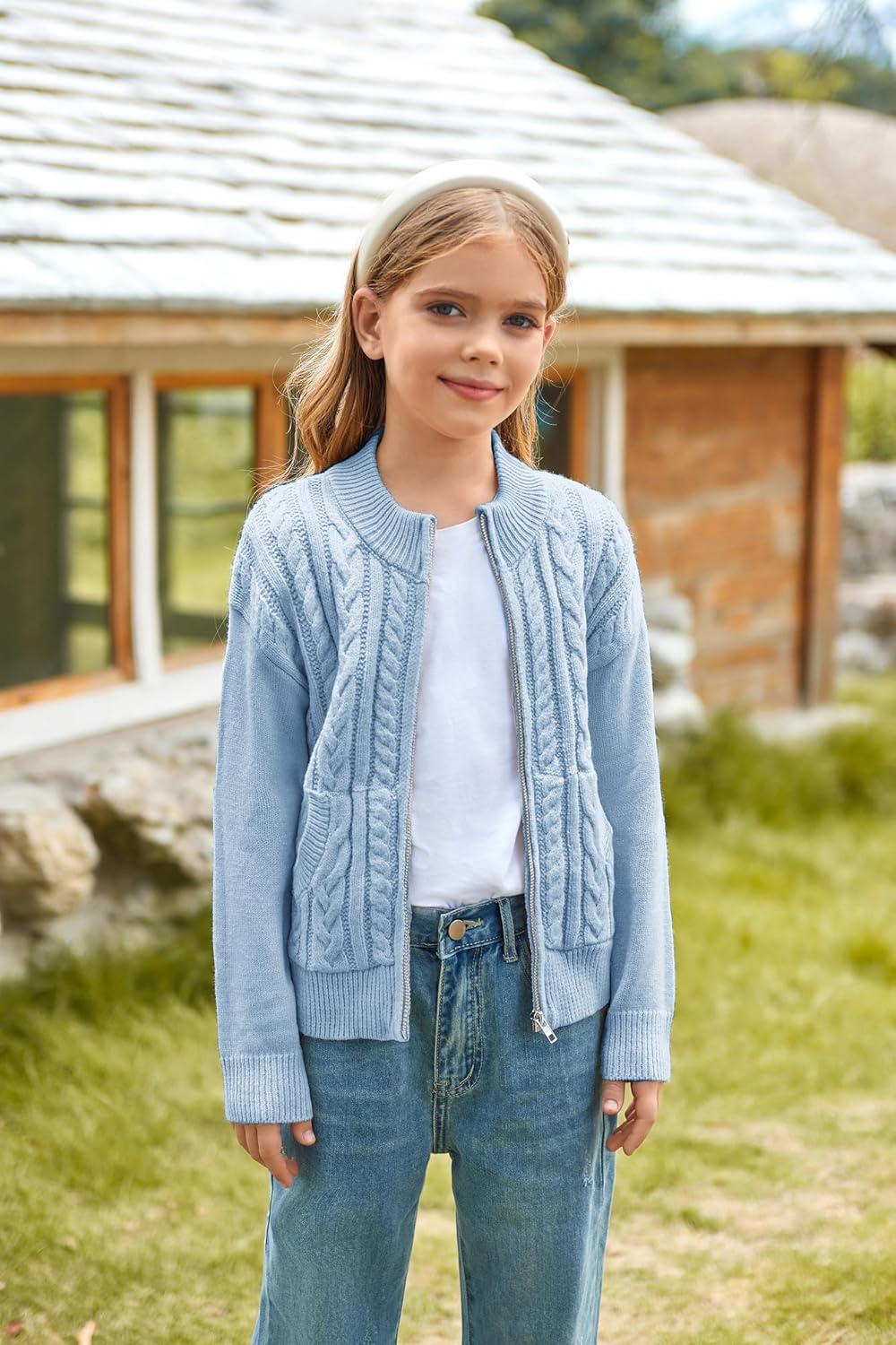 imageGRACE KARIN Girls Knit Cardigan Sweater Zip Long Sleeve Kids School Uniform Fall Jacket Size 614Sky Blue