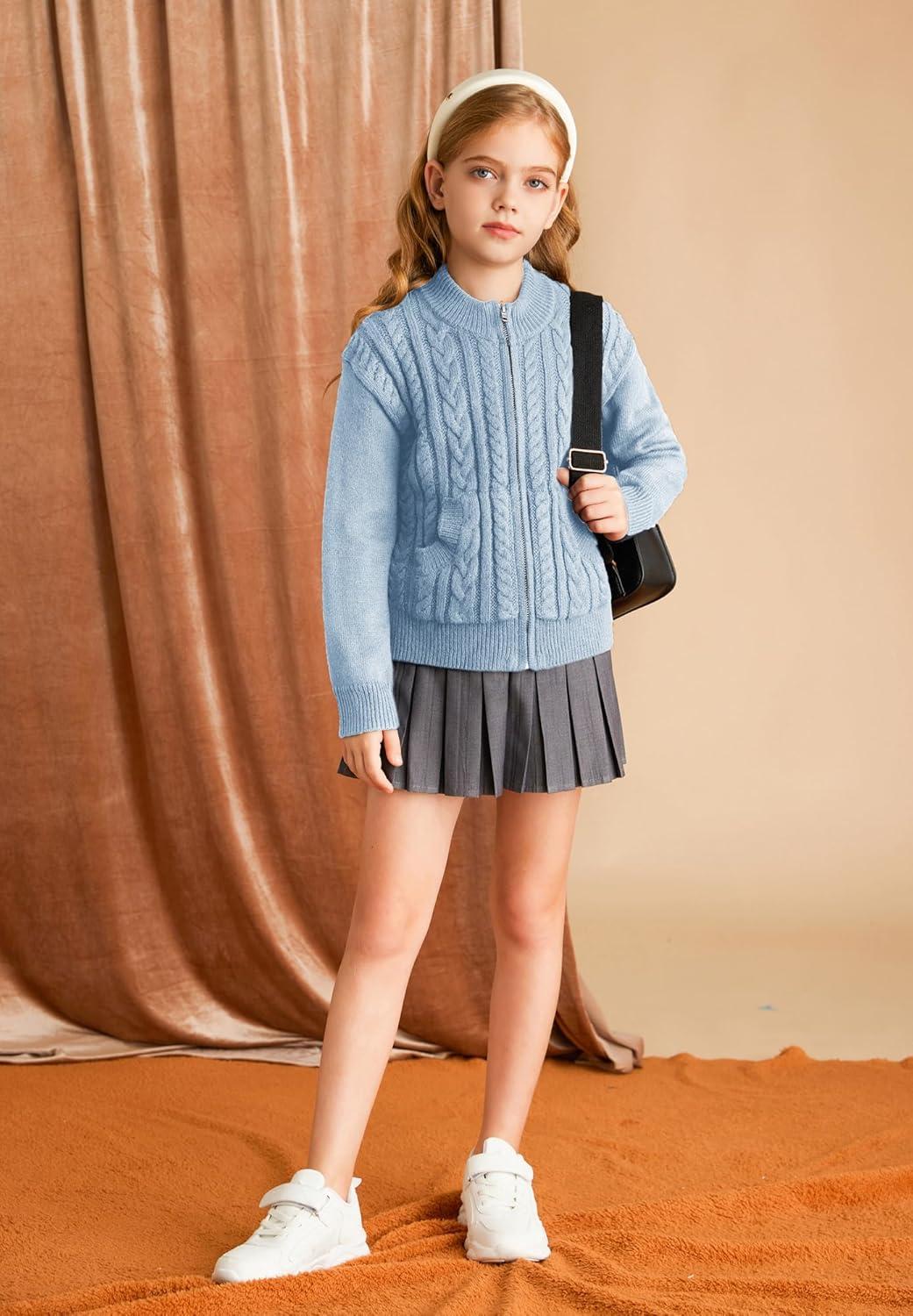 imageGRACE KARIN Girls Knit Cardigan Sweater Zip Long Sleeve Kids School Uniform Fall Jacket Size 614Sky Blue