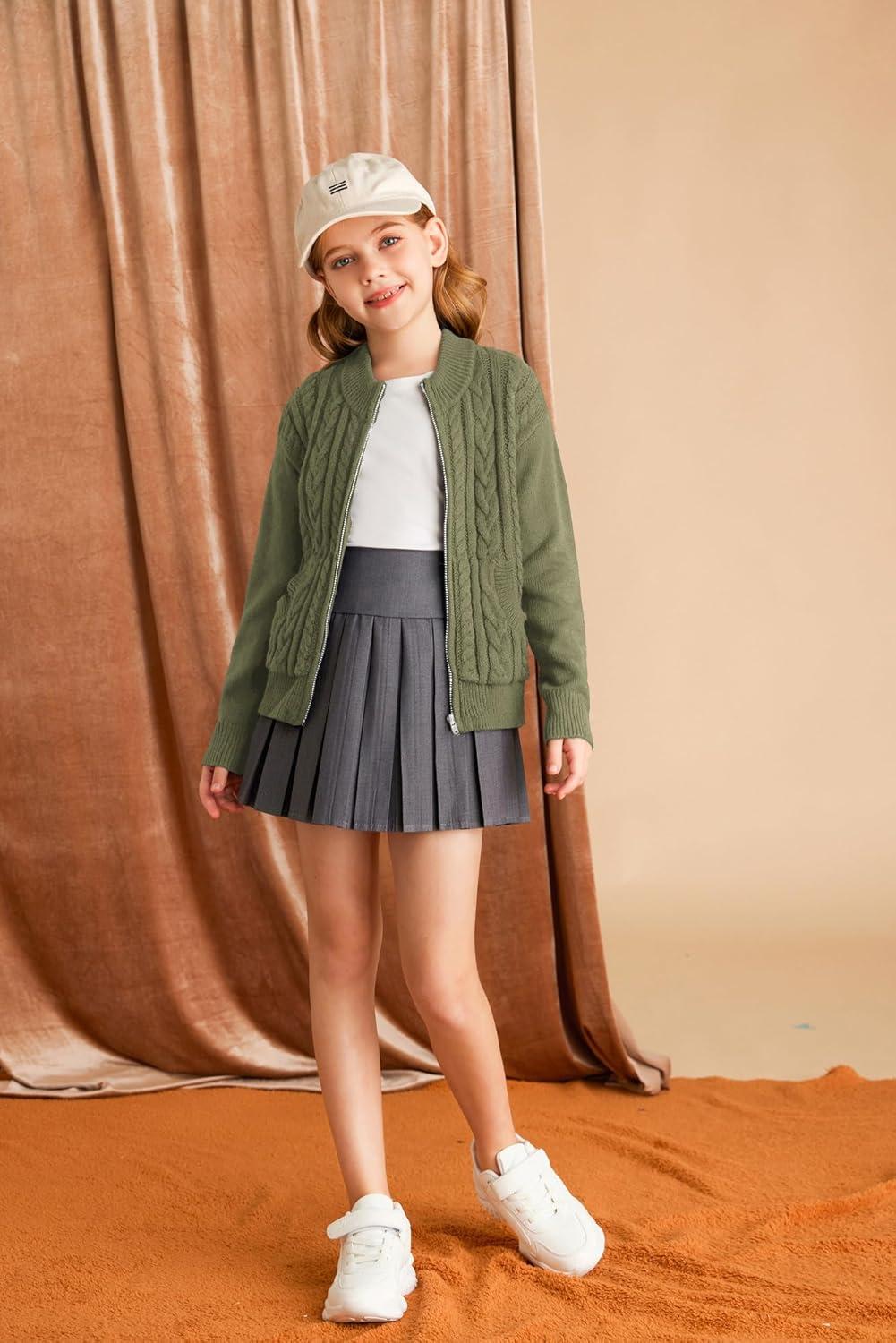 imageGRACE KARIN Girls Knit Cardigan Sweater Zip Long Sleeve Kids School Uniform Fall Jacket Size 614Tea Green