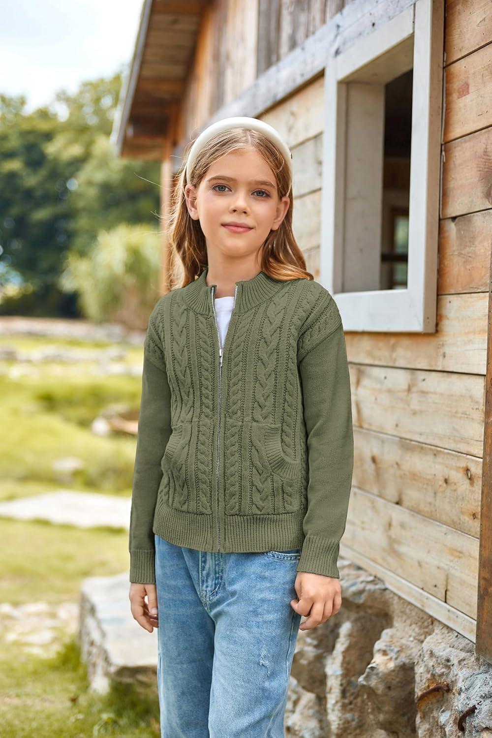 imageGRACE KARIN Girls Knit Cardigan Sweater Zip Long Sleeve Kids School Uniform Fall Jacket Size 614Tea Green