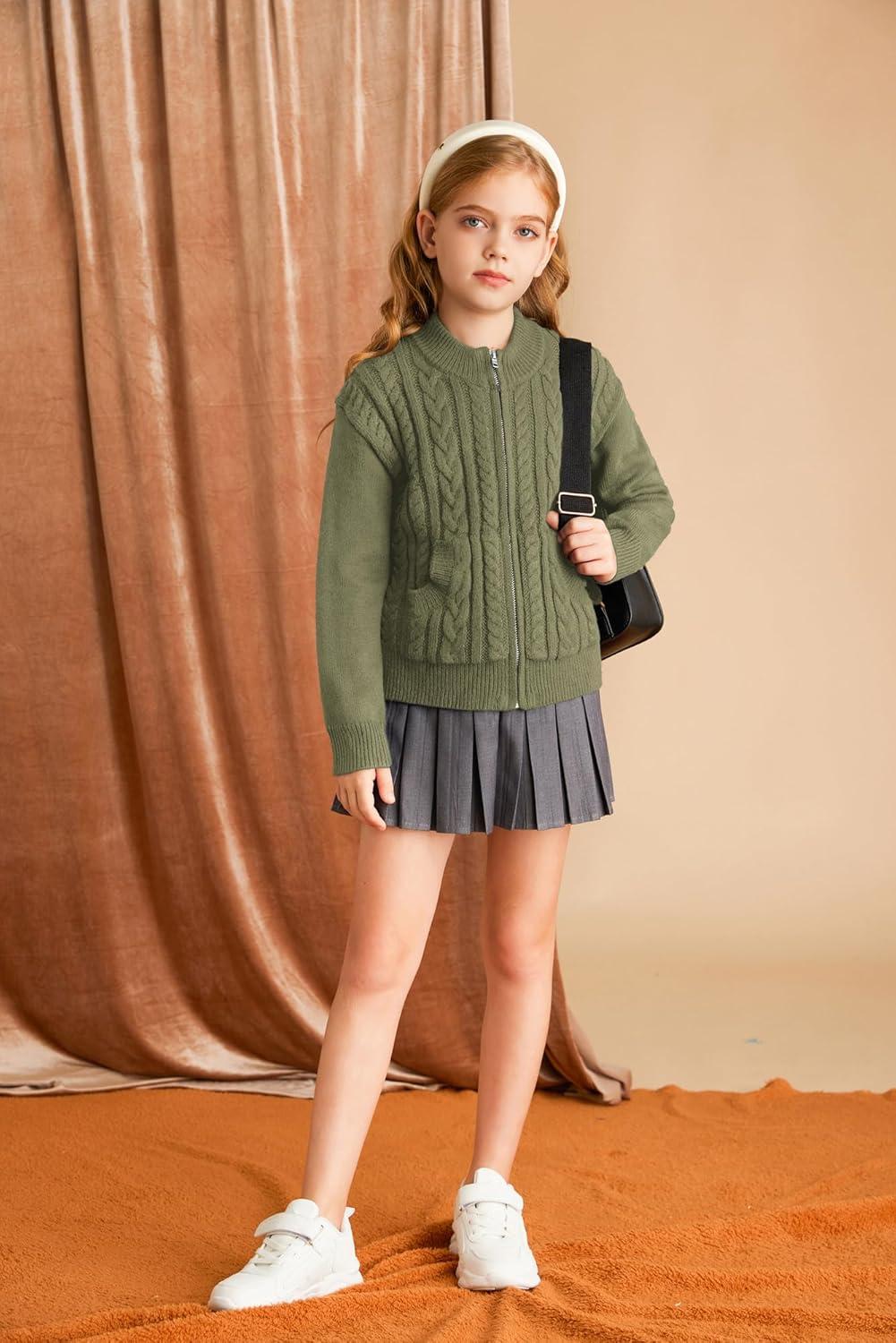 imageGRACE KARIN Girls Knit Cardigan Sweater Zip Long Sleeve Kids School Uniform Fall Jacket Size 614Tea Green