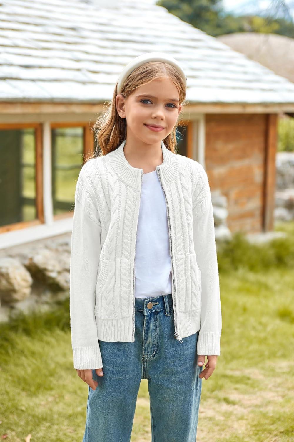 imageGRACE KARIN Girls Knit Cardigan Sweater Zip Long Sleeve Kids School Uniform Fall Jacket Size 614White