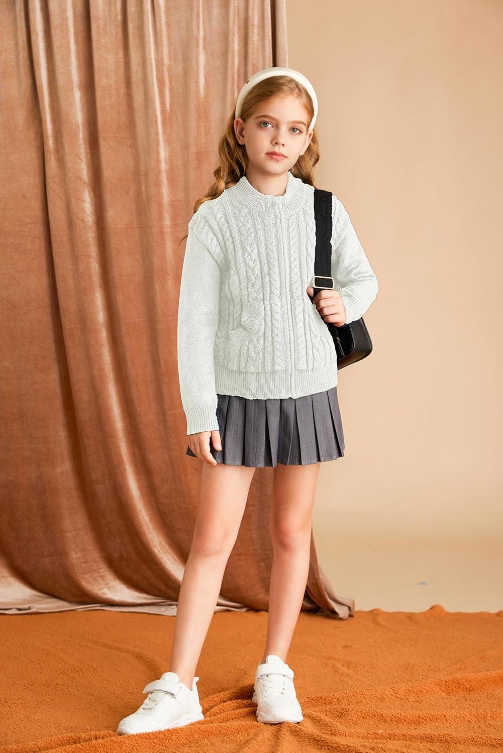 imageGRACE KARIN Girls Knit Cardigan Sweater Zip Long Sleeve Kids School Uniform Fall Jacket Size 614White