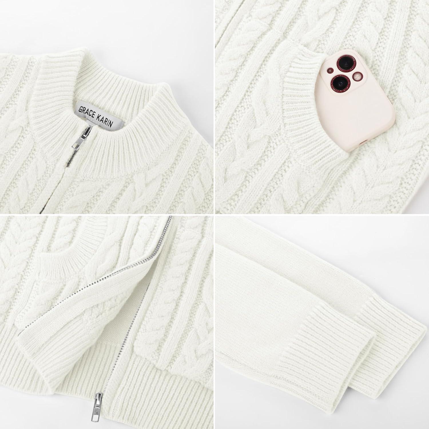 imageGRACE KARIN Girls Knit Cardigan Sweater Zip Long Sleeve Kids School Uniform Fall Jacket Size 614White