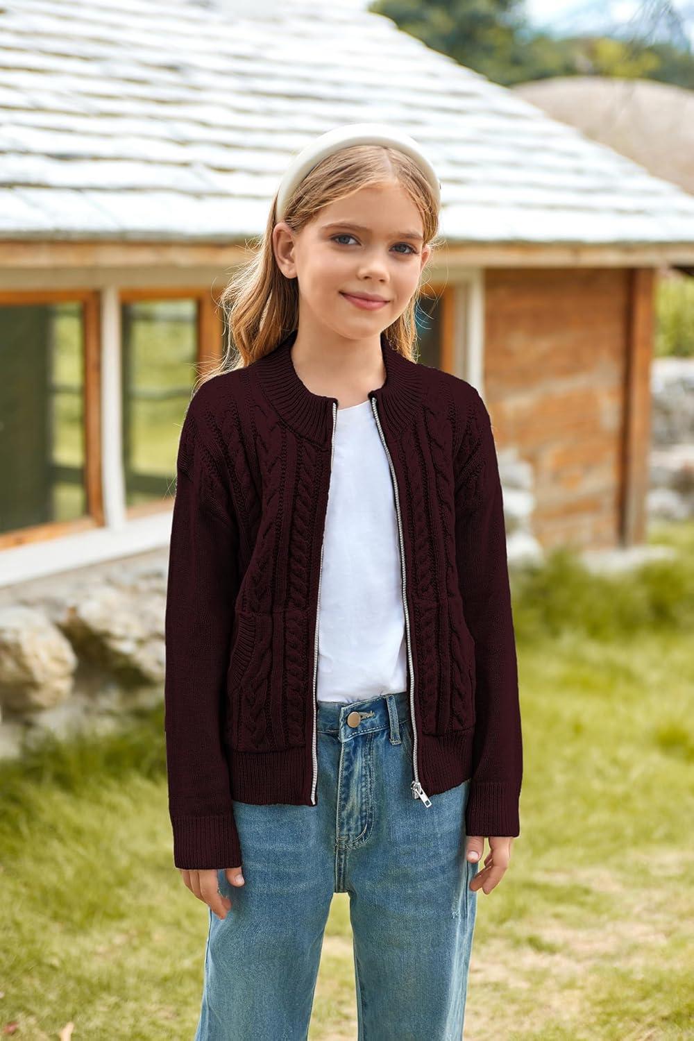 imageGRACE KARIN Girls Knit Cardigan Sweater Zip Long Sleeve Kids School Uniform Fall Jacket Size 614Wine Red