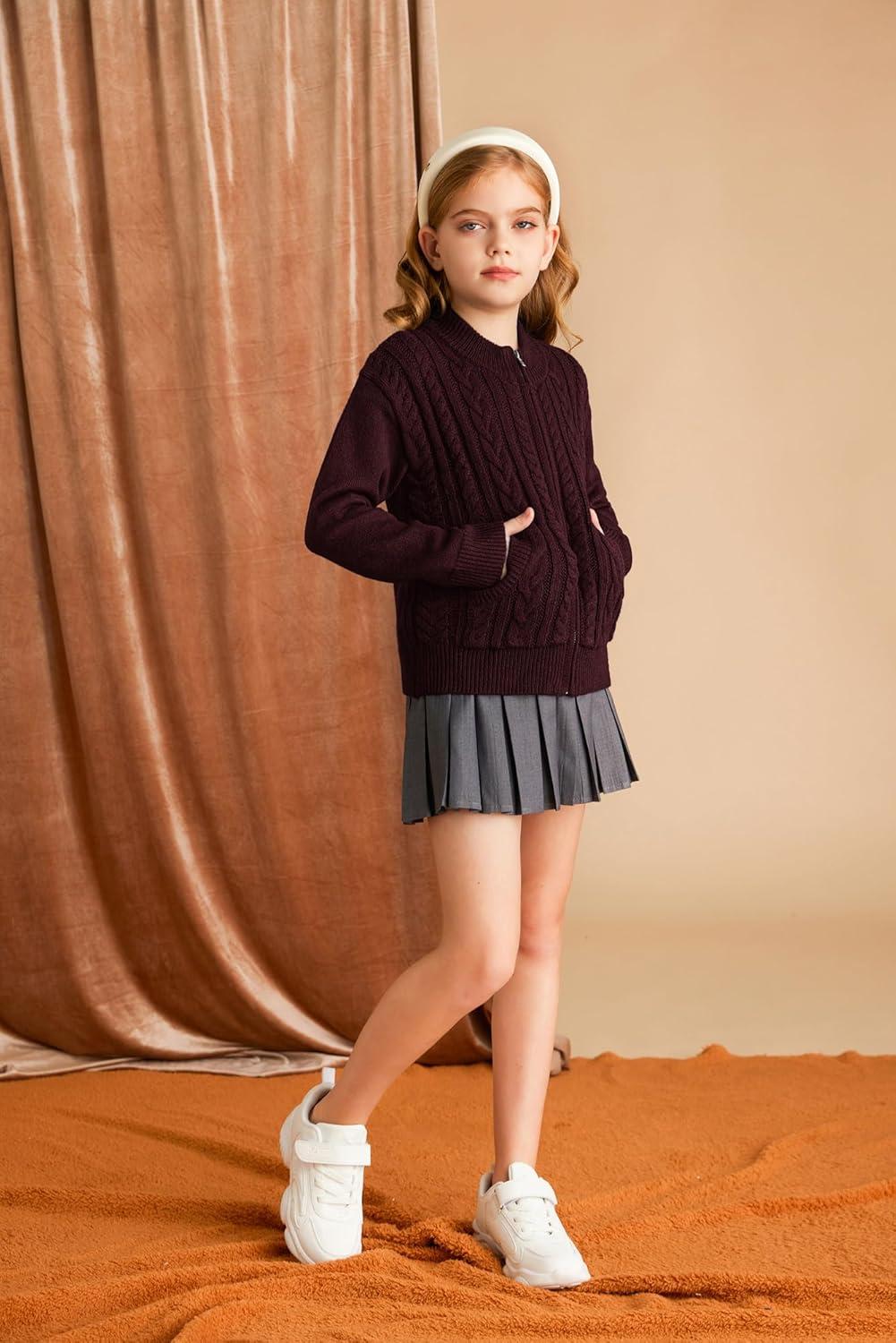 imageGRACE KARIN Girls Knit Cardigan Sweater Zip Long Sleeve Kids School Uniform Fall Jacket Size 614Wine Red