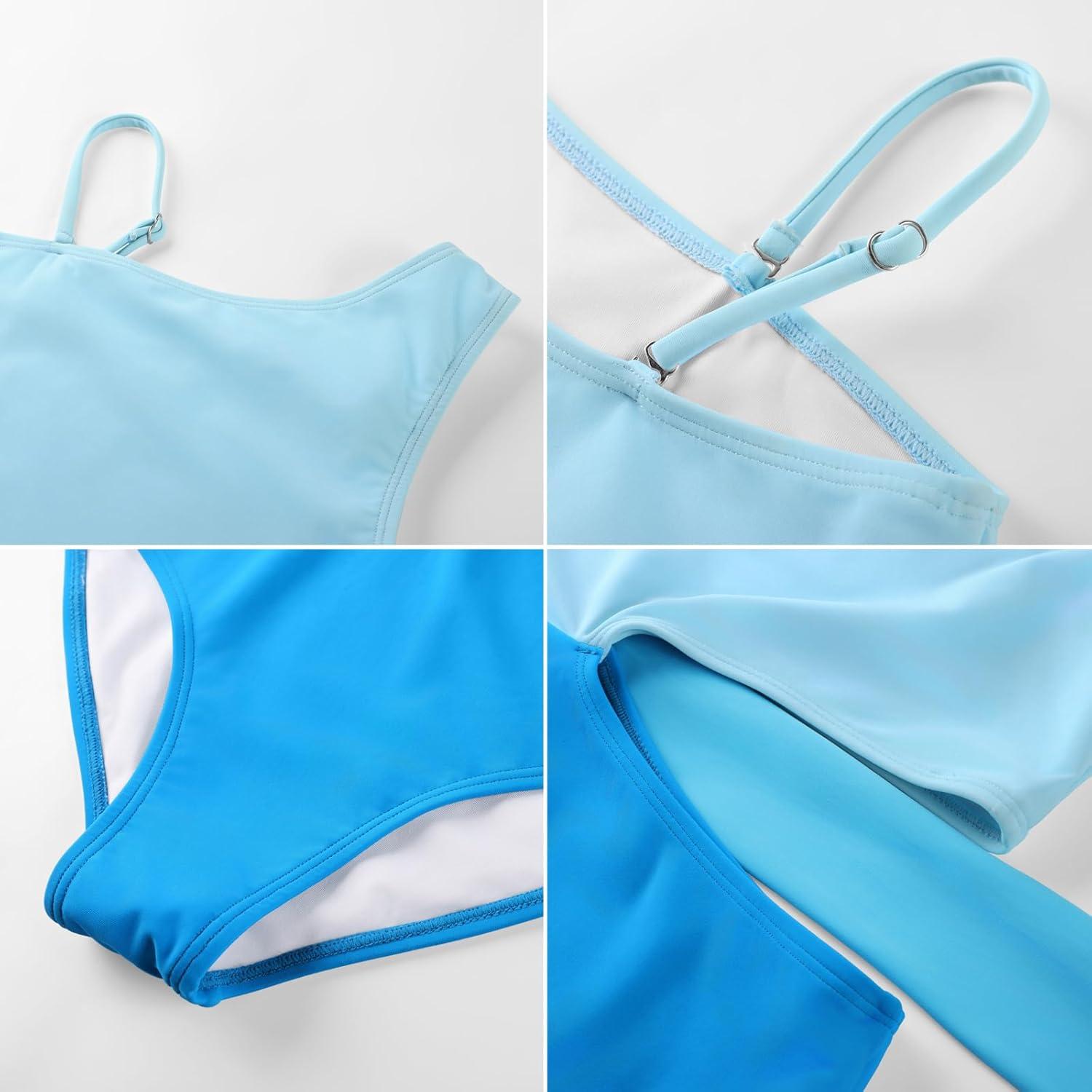 imageGRACE KARIN Girls One Piece One Shoulder Swimsuits Kids Cutout Waist Bathing Suits with Kimono Contrast Color Swimwear 614Blue