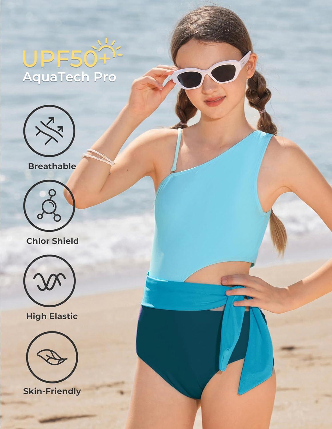 imageGRACE KARIN Girls One Piece One Shoulder Swimsuits Kids Cutout Waist Bathing Suits with Kimono Contrast Color Swimwear 614Green
