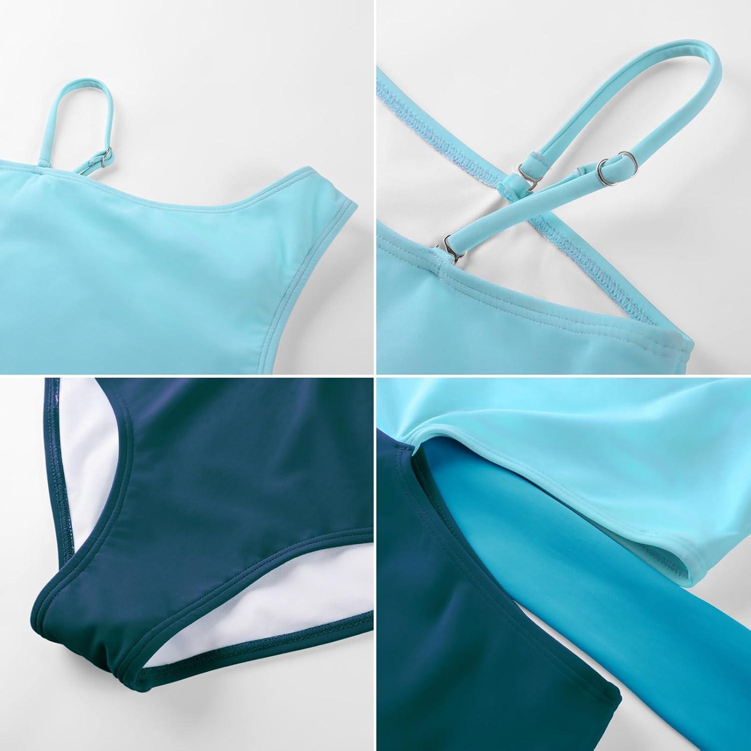 imageGRACE KARIN Girls One Piece One Shoulder Swimsuits Kids Cutout Waist Bathing Suits with Kimono Contrast Color Swimwear 614Green