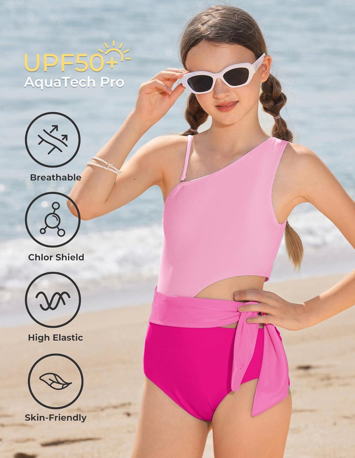 imageGRACE KARIN Girls One Piece One Shoulder Swimsuits Kids Cutout Waist Bathing Suits with Kimono Contrast Color Swimwear 614Pink