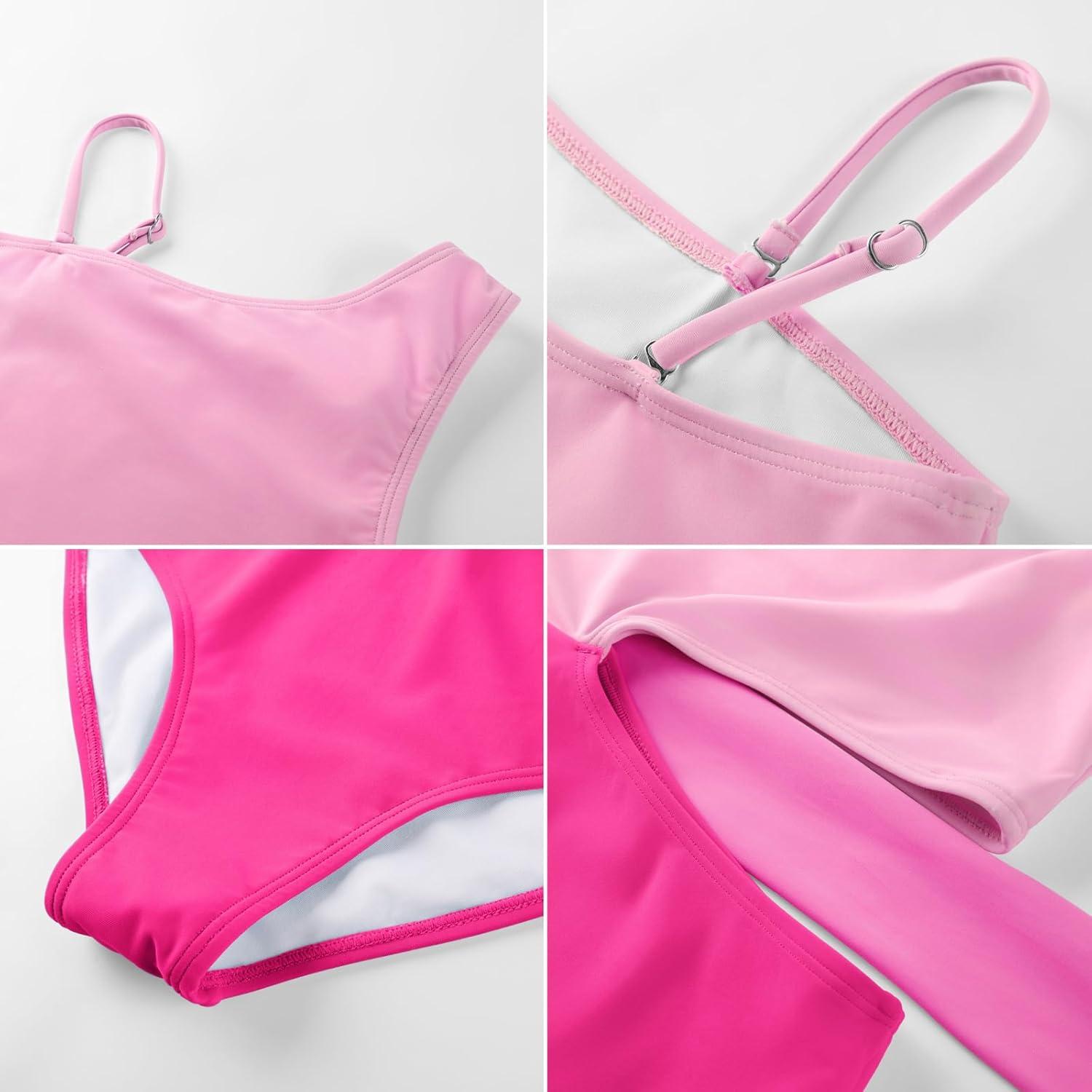 imageGRACE KARIN Girls One Piece One Shoulder Swimsuits Kids Cutout Waist Bathing Suits with Kimono Contrast Color Swimwear 614Pink