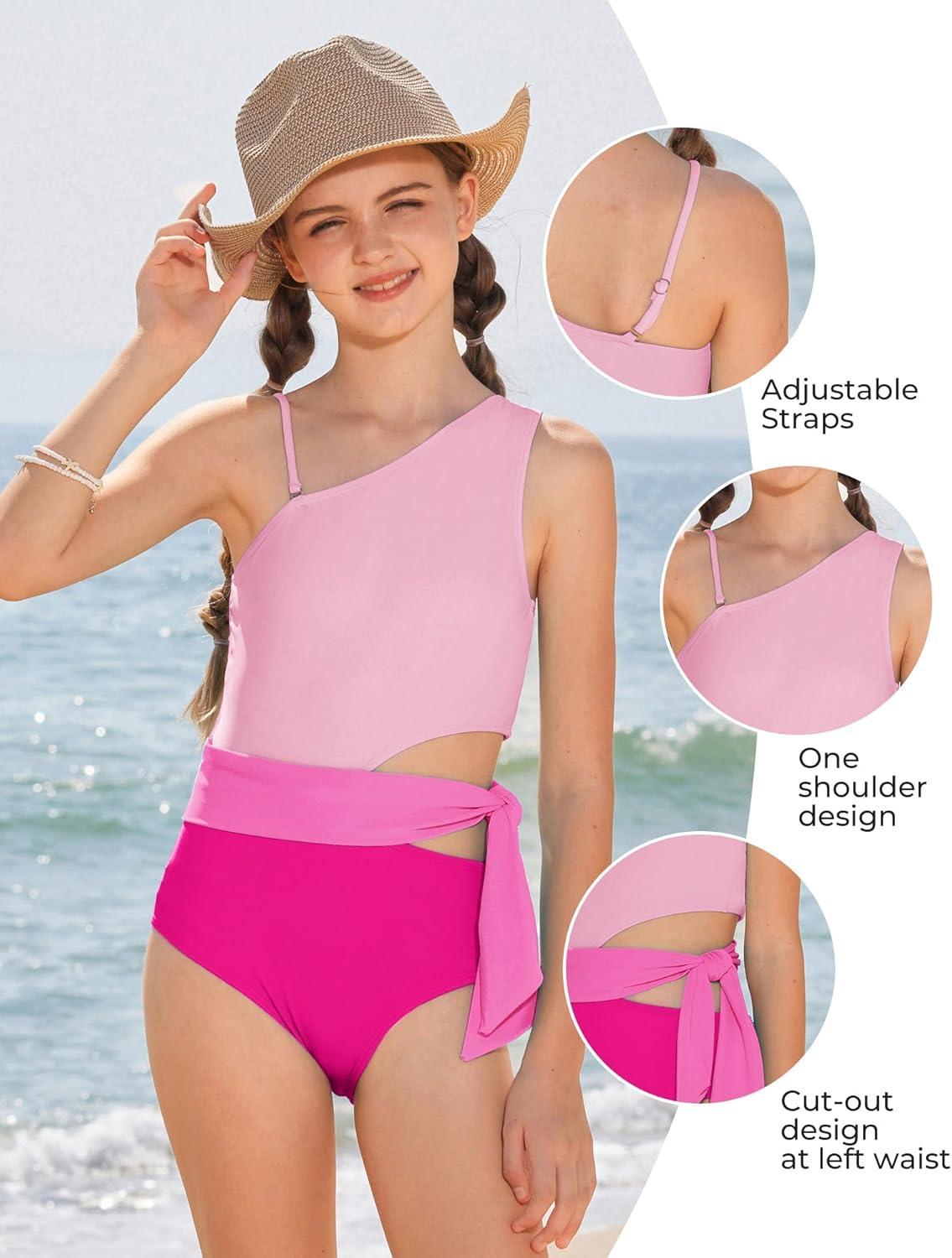 imageGRACE KARIN Girls One Piece One Shoulder Swimsuits Kids Cutout Waist Bathing Suits with Kimono Contrast Color Swimwear 614Pink