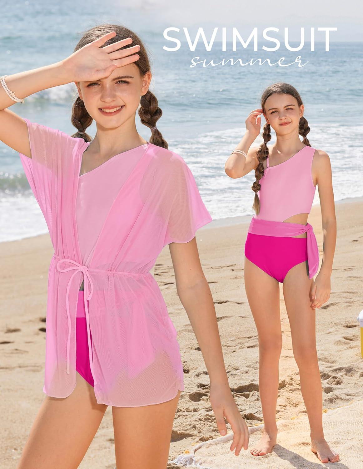 imageGRACE KARIN Girls One Piece One Shoulder Swimsuits Kids Cutout Waist Bathing Suits with Kimono Contrast Color Swimwear 614Pink