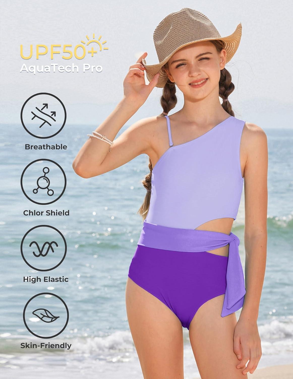 imageGRACE KARIN Girls One Piece One Shoulder Swimsuits Kids Cutout Waist Bathing Suits with Kimono Contrast Color Swimwear 614Purple