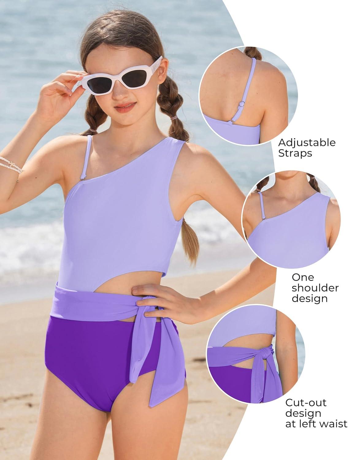imageGRACE KARIN Girls One Piece One Shoulder Swimsuits Kids Cutout Waist Bathing Suits with Kimono Contrast Color Swimwear 614Purple