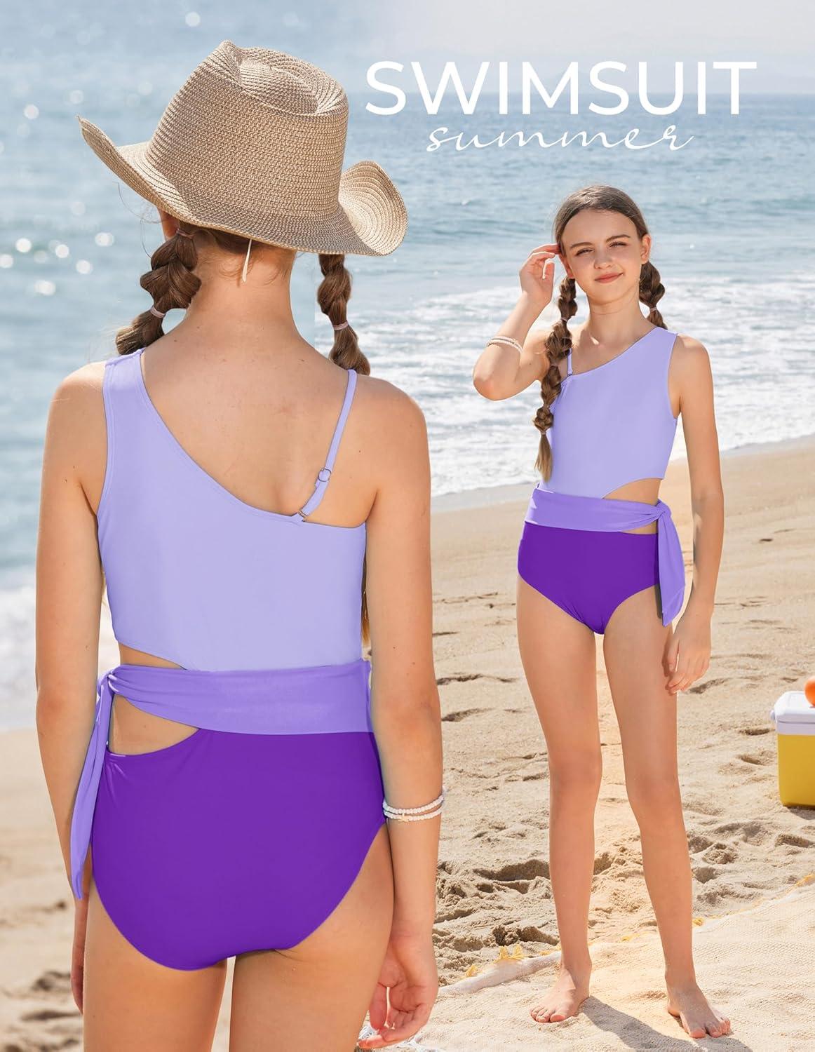 imageGRACE KARIN Girls One Piece One Shoulder Swimsuits Kids Cutout Waist Bathing Suits with Kimono Contrast Color Swimwear 614Purple