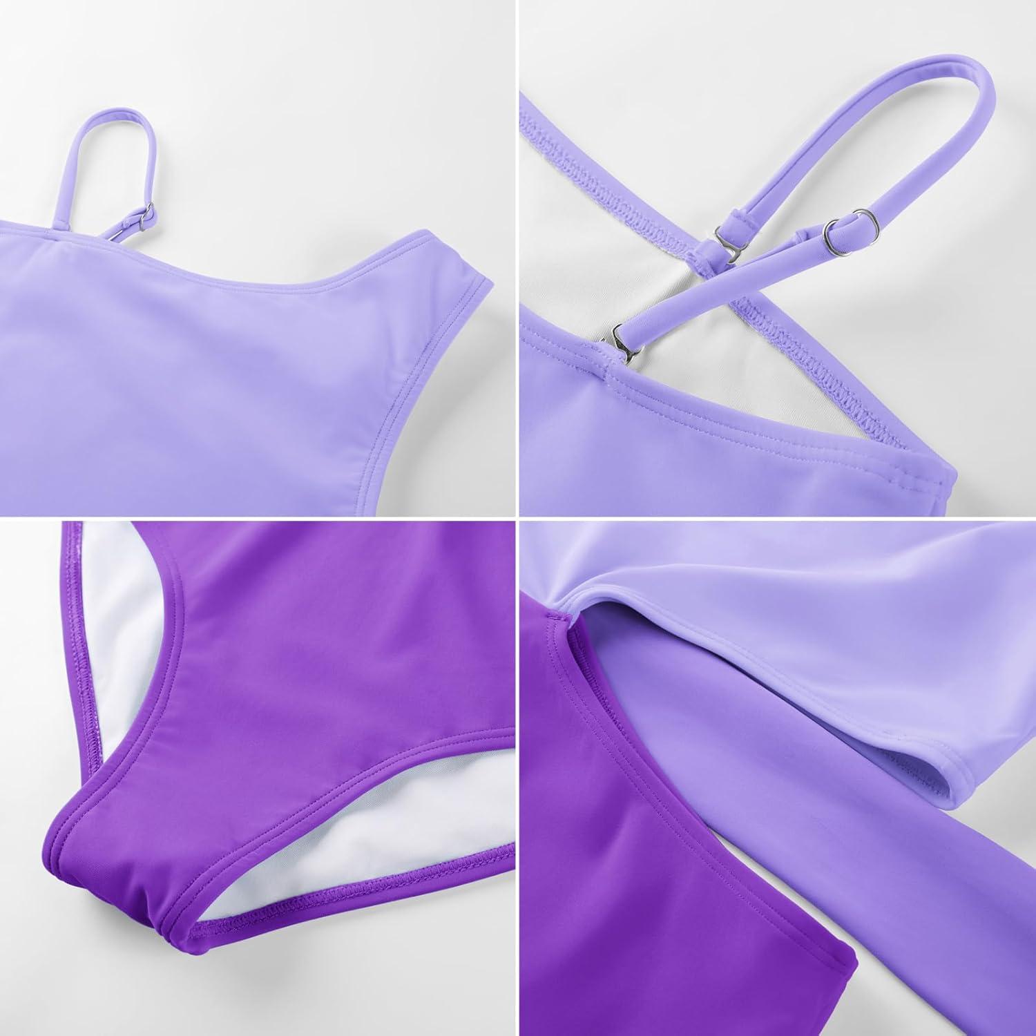 imageGRACE KARIN Girls One Piece One Shoulder Swimsuits Kids Cutout Waist Bathing Suits with Kimono Contrast Color Swimwear 614Purple