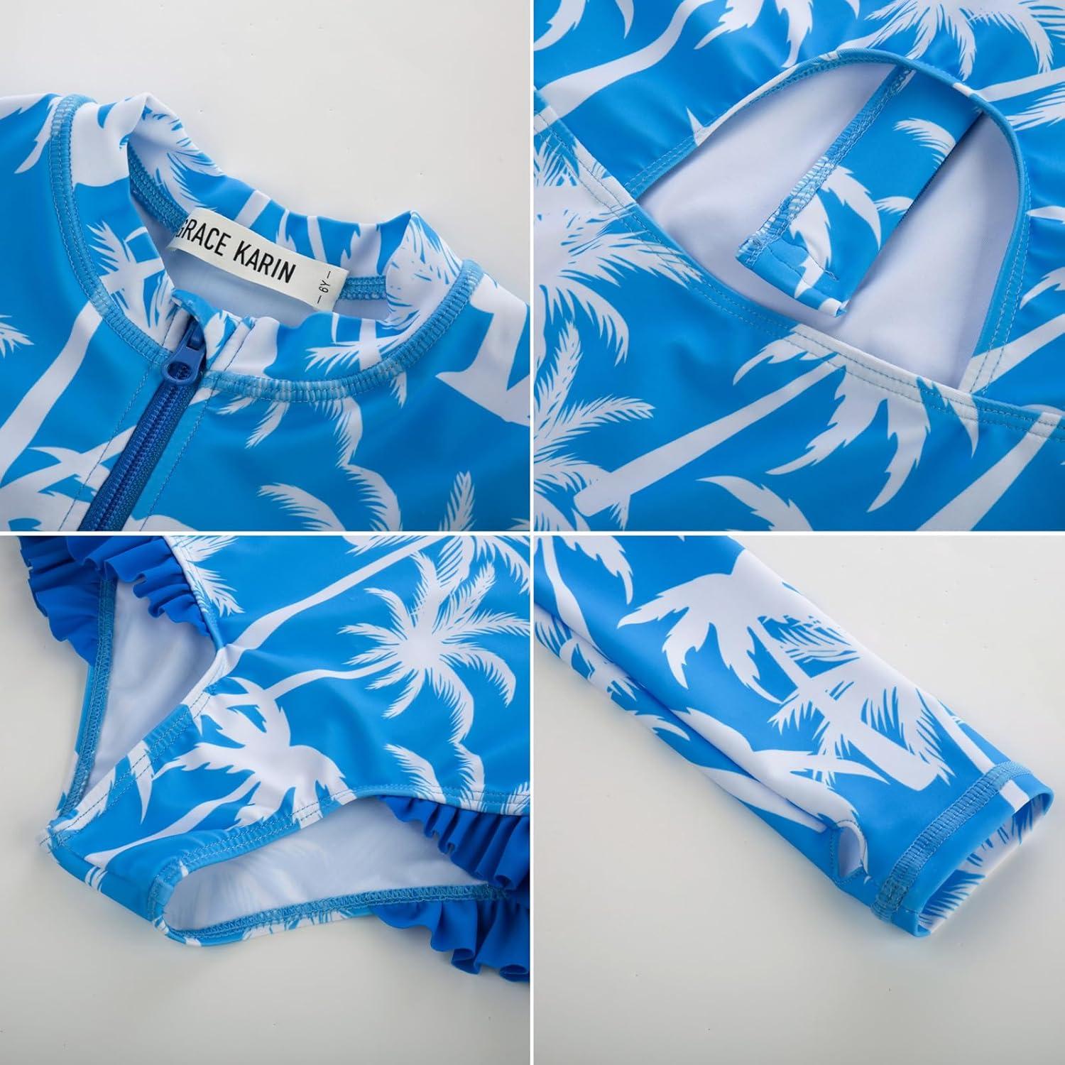 imageGRACE KARIN Girls One Piece Swimsuits Long Sleeve Bathing Suits Swimwear 514YBlue Coconut Tree