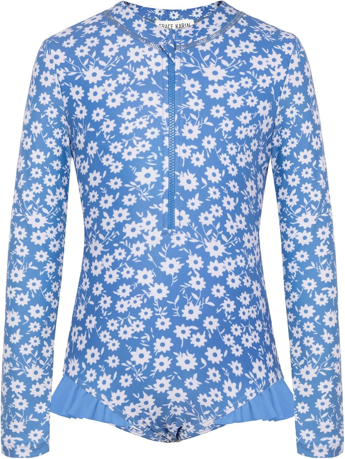 imageGRACE KARIN Girls One Piece Swimsuits Long Sleeve Bathing Suits Swimwear 514YBlue Daisy
