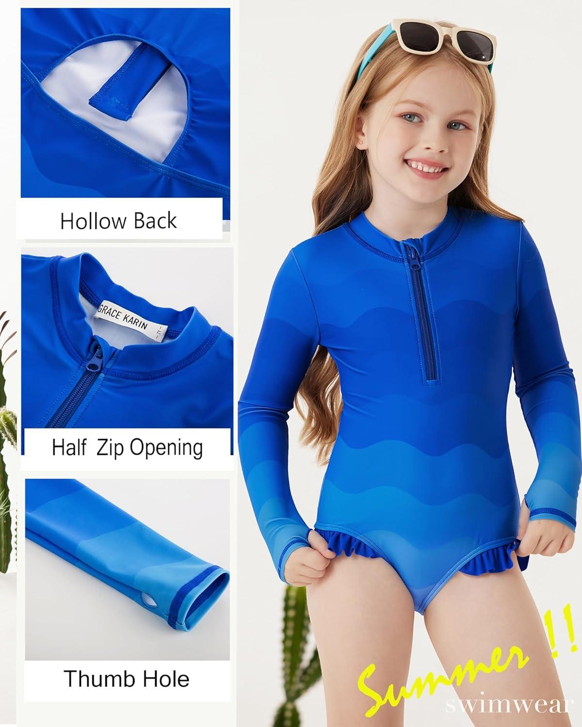 imageGRACE KARIN Girls One Piece Swimsuits Long Sleeve Bathing Suits Swimwear 514YBlue Gradient