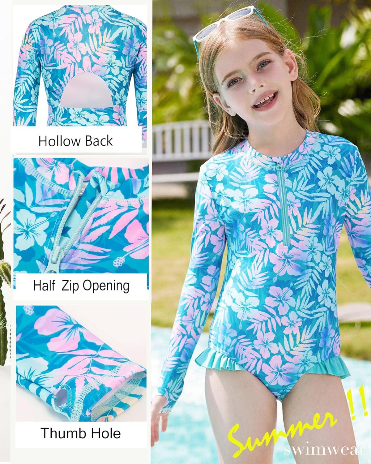 imageGRACE KARIN Girls One Piece Swimsuits Long Sleeve Bathing Suits Swimwear 514YBlue Pink Floral