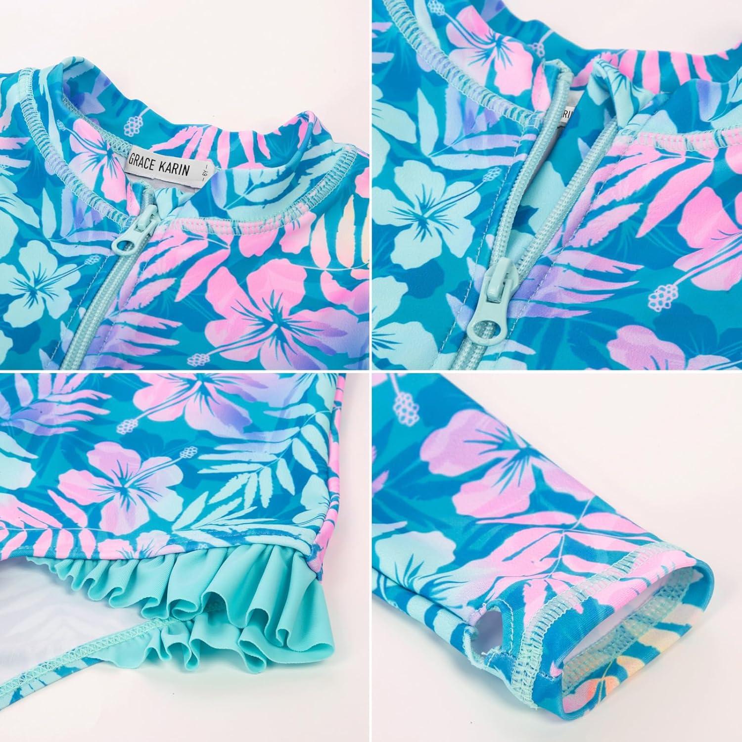 imageGRACE KARIN Girls One Piece Swimsuits Long Sleeve Bathing Suits Swimwear 514YBlue Pink Floral