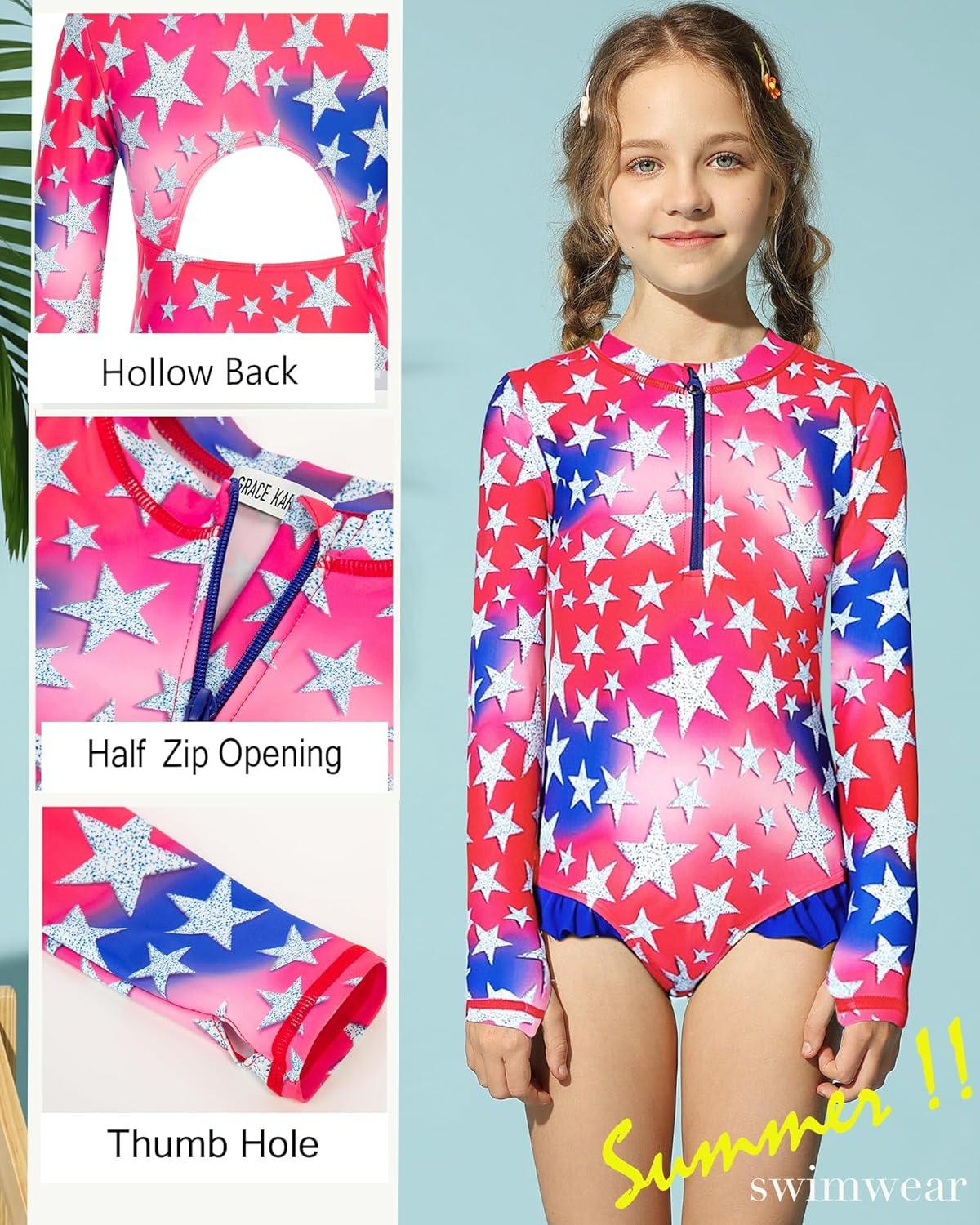 imageGRACE KARIN Girls One Piece Swimsuits Long Sleeve Bathing Suits Swimwear 514YBlue Red Stars