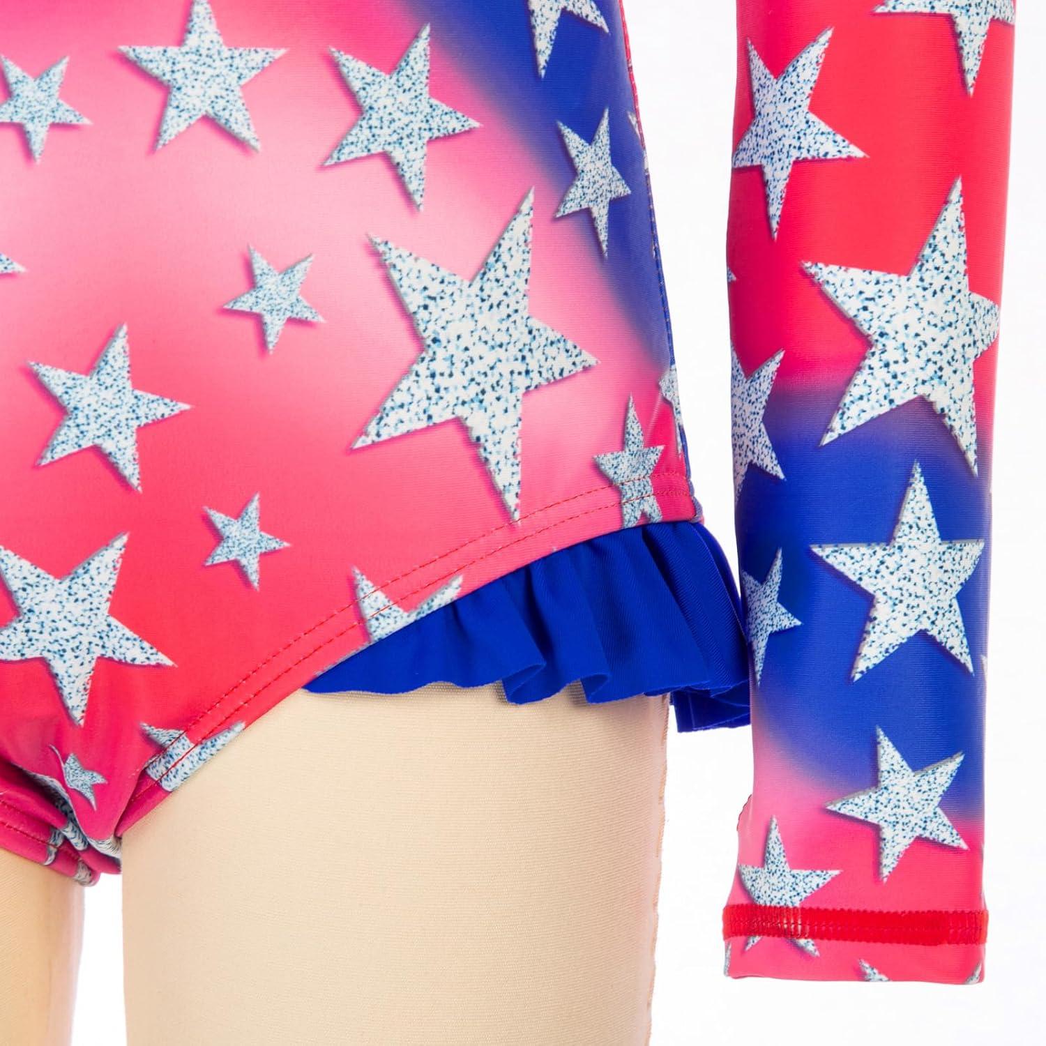 imageGRACE KARIN Girls One Piece Swimsuits Long Sleeve Bathing Suits Swimwear 514YBlue Red Stars