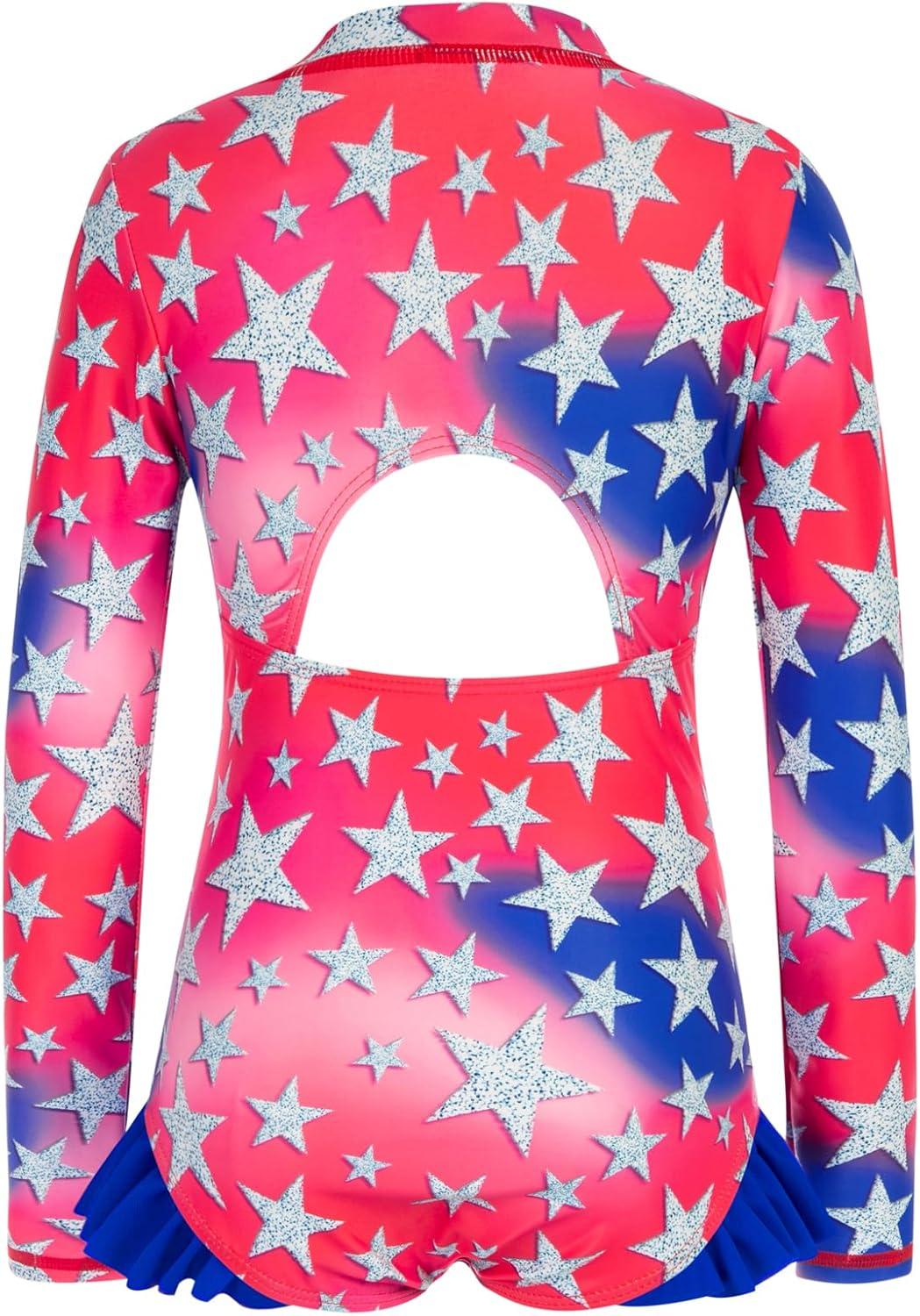 imageGRACE KARIN Girls One Piece Swimsuits Long Sleeve Bathing Suits Swimwear 514YBlue Red Stars