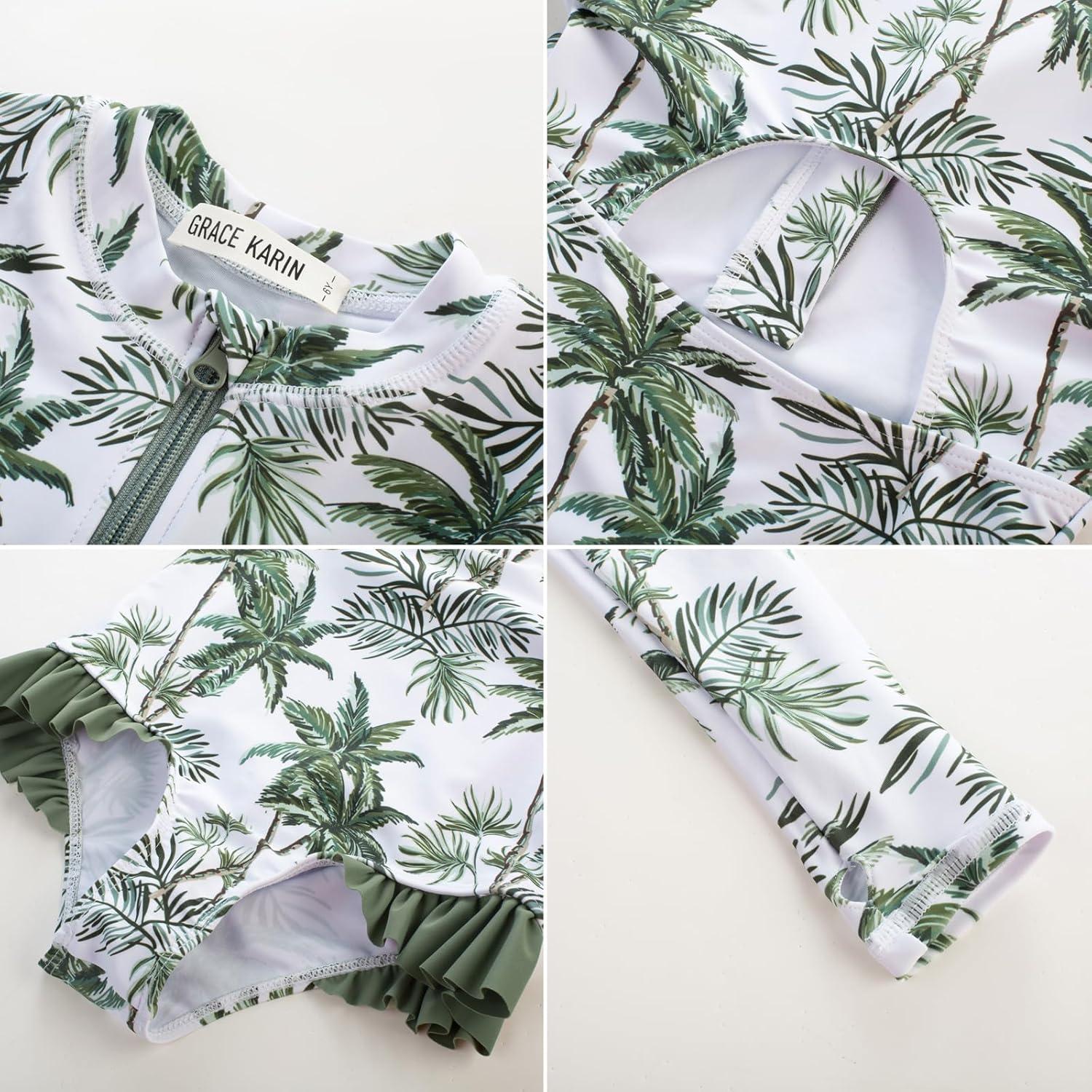 imageGRACE KARIN Girls One Piece Swimsuits Long Sleeve Bathing Suits Swimwear 514YGreen Coconut Tree