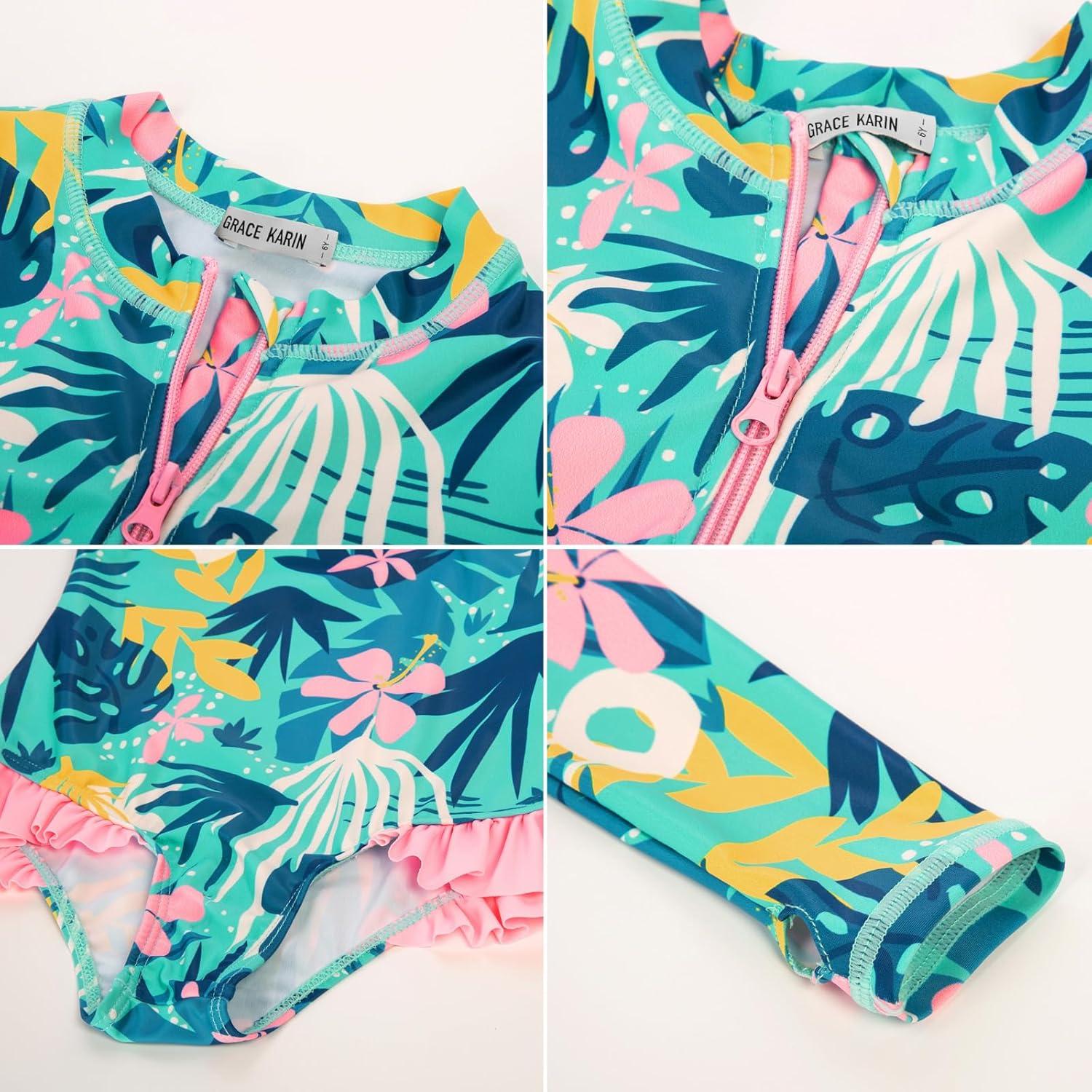 imageGRACE KARIN Girls One Piece Swimsuits Long Sleeve Bathing Suits Swimwear 514YGreen Pink Floral