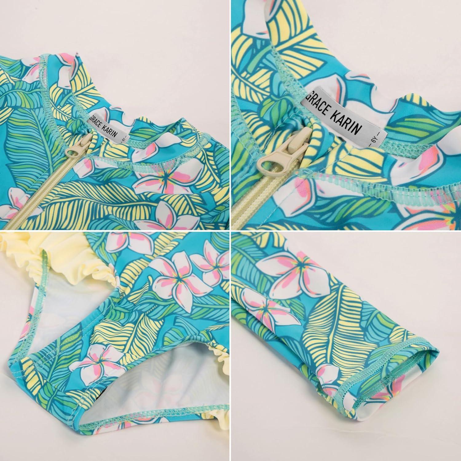 imageGRACE KARIN Girls One Piece Swimsuits Long Sleeve Bathing Suits Swimwear 514YLight Green Floral