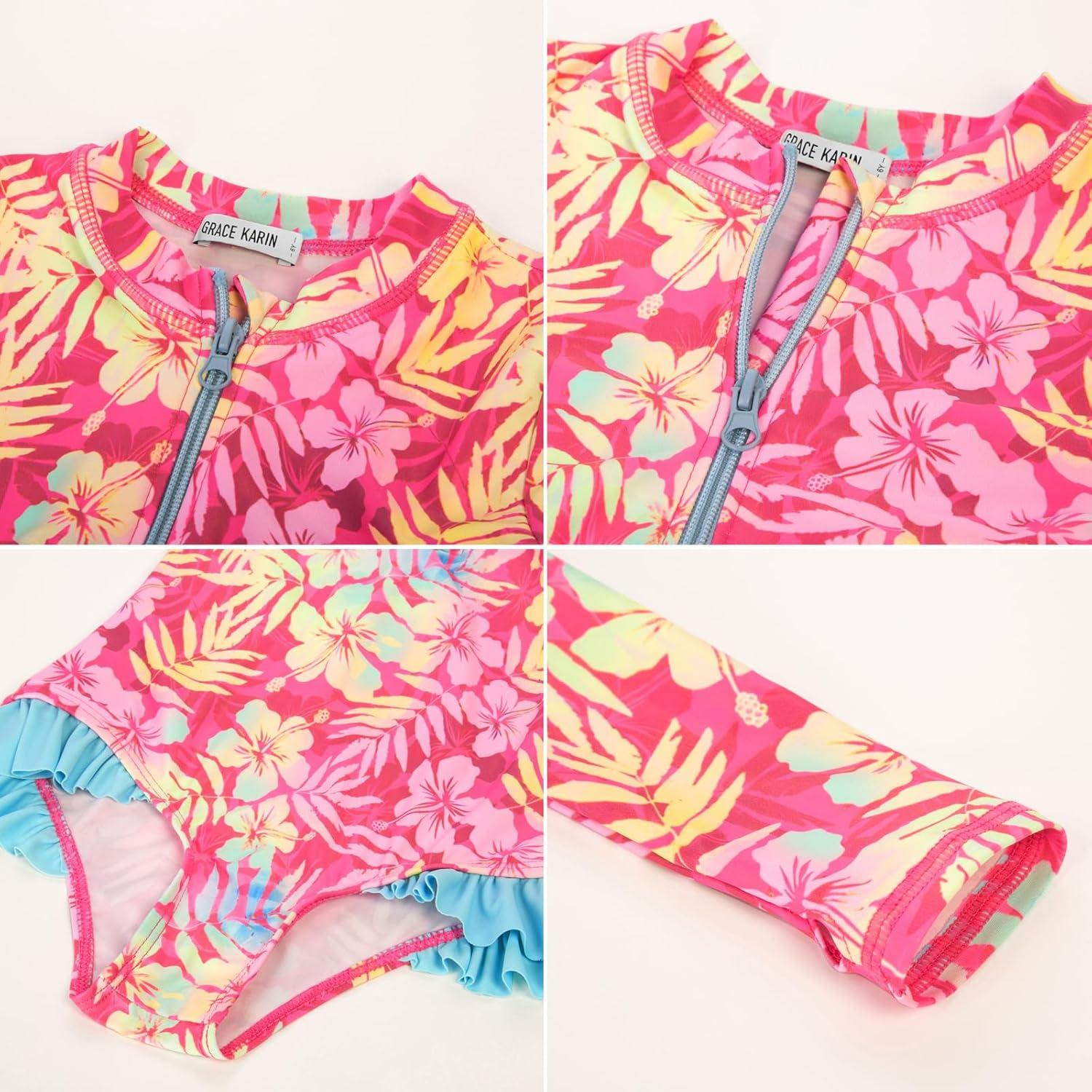 imageGRACE KARIN Girls One Piece Swimsuits Long Sleeve Bathing Suits Swimwear 514YPink Yellow Floral