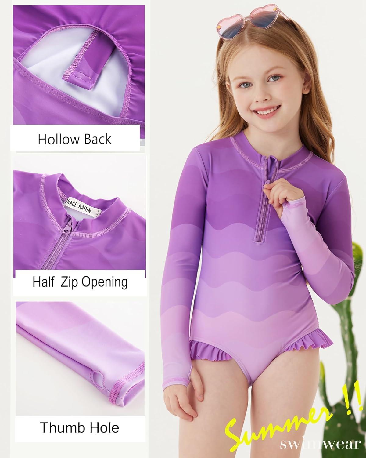 imageGRACE KARIN Girls One Piece Swimsuits Long Sleeve Bathing Suits Swimwear 514YPurple Gradient
