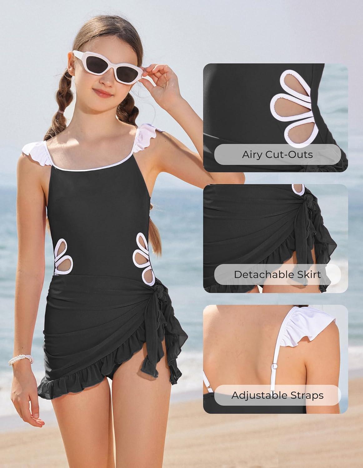 imageGRACE KARIN Girls One Piece Swimsuits with Mesh Cover Up Teen Cutout Bathing Suit Set Size 714Black