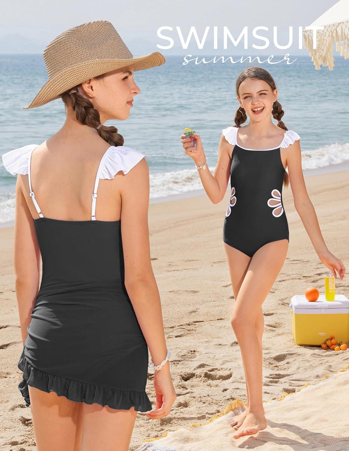 imageGRACE KARIN Girls One Piece Swimsuits with Mesh Cover Up Teen Cutout Bathing Suit Set Size 714Black
