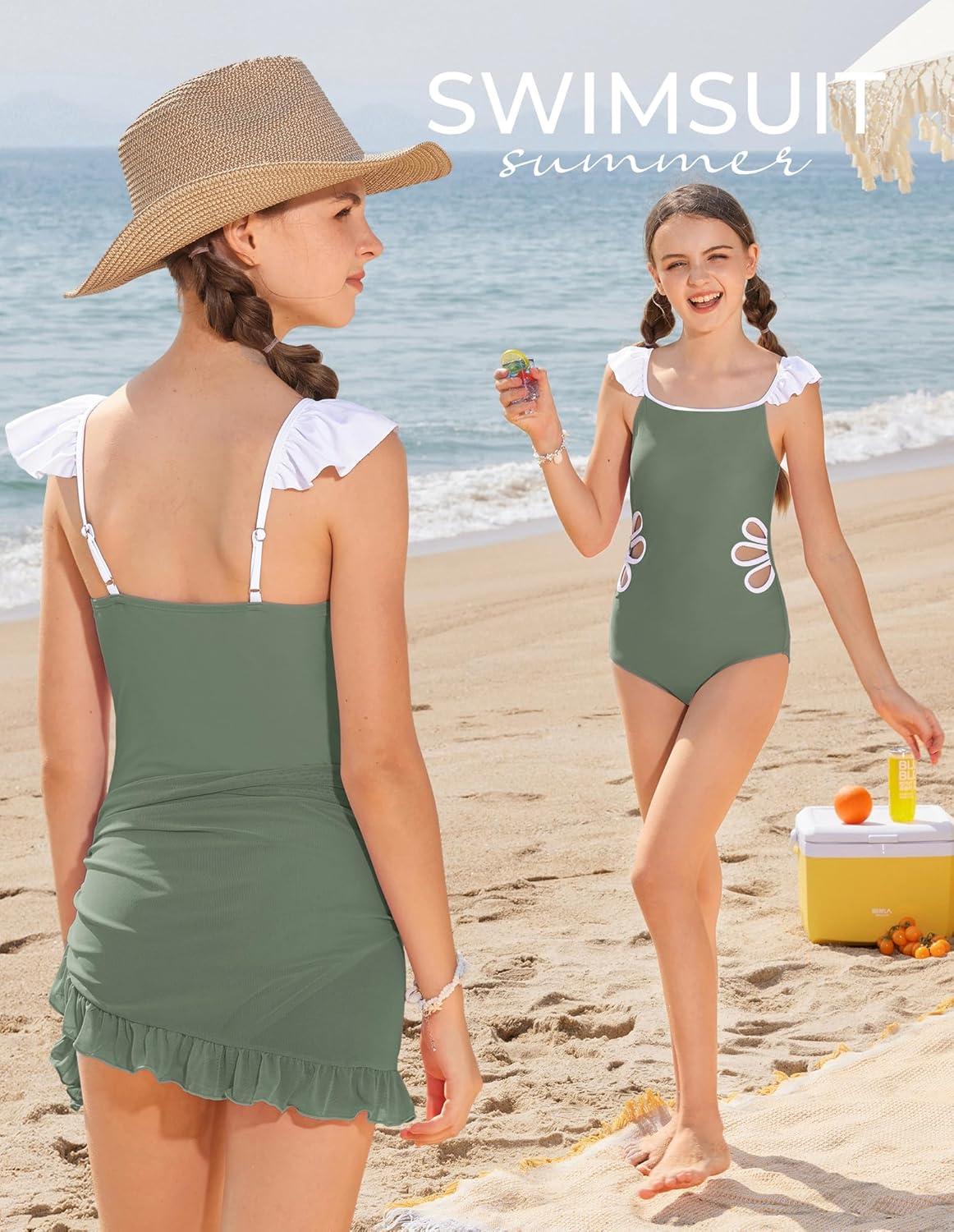 imageGRACE KARIN Girls One Piece Swimsuits with Mesh Cover Up Teen Cutout Bathing Suit Set Size 714Green