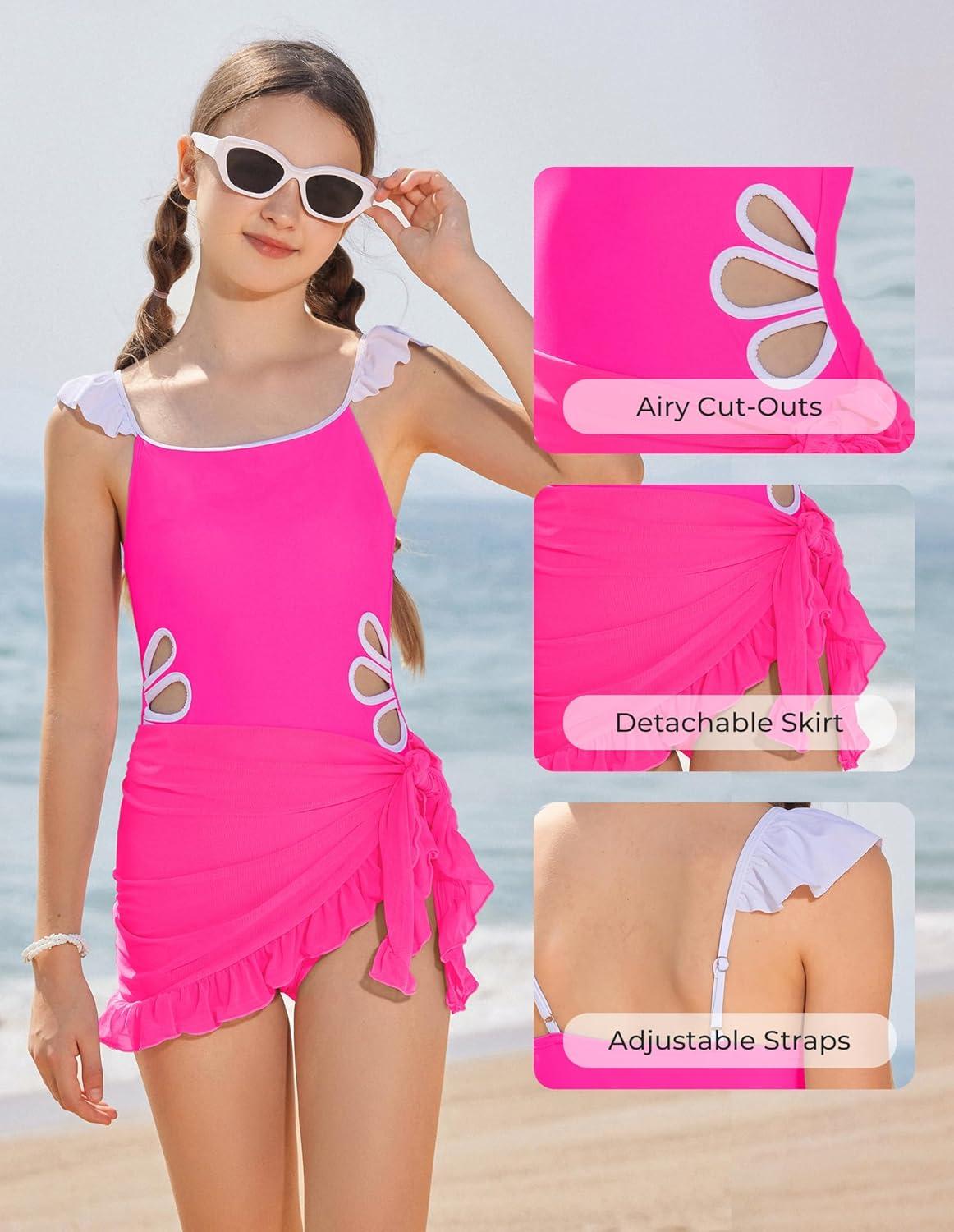 imageGRACE KARIN Girls One Piece Swimsuits with Mesh Cover Up Teen Cutout Bathing Suit Set Size 714Hot Pink