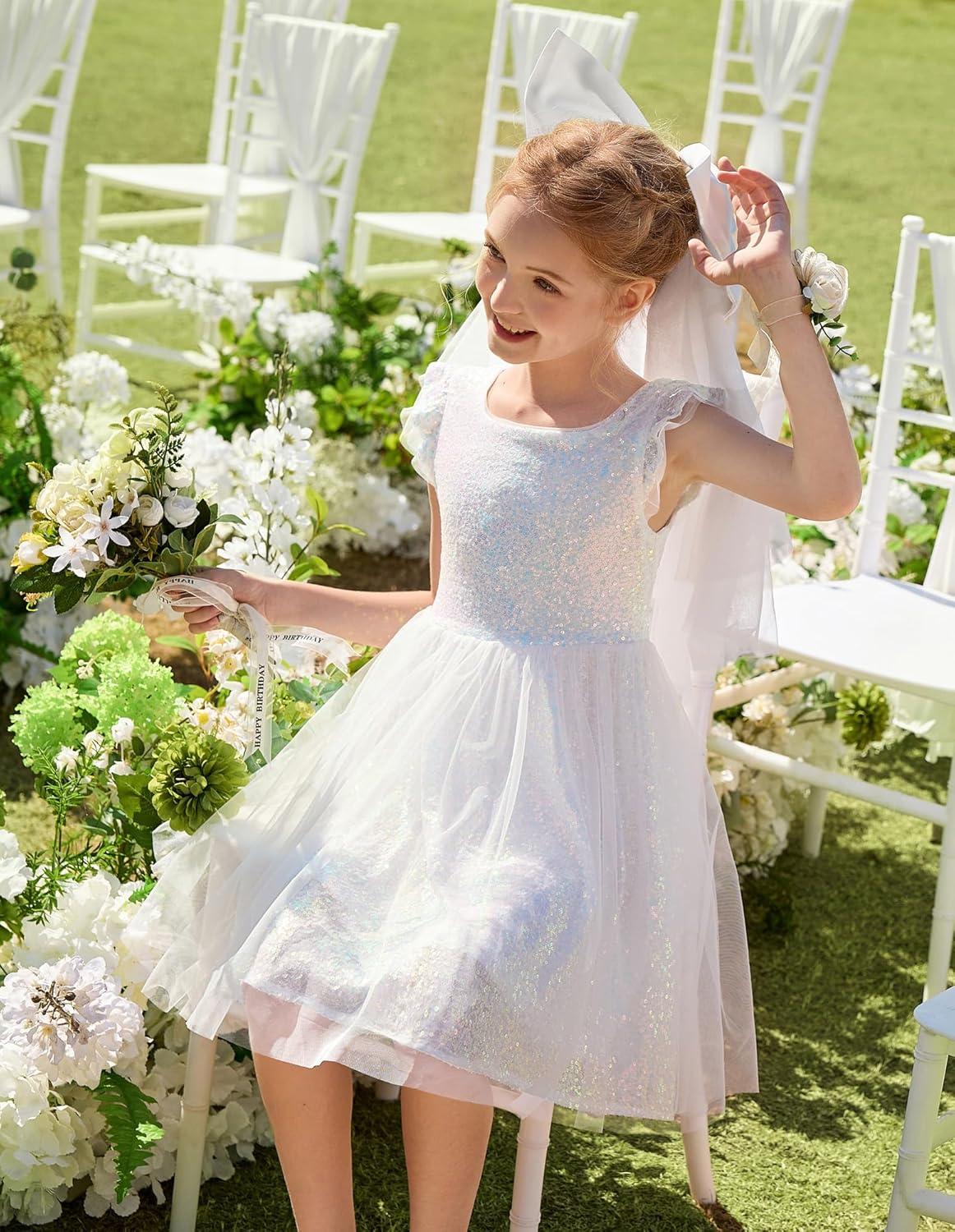 imageGRACE KARIN Girls Party Sequin Dress Size 612Y Kids Birthday Dance Formal Sparkly Dresses Wedding Flower Girl DressShiny White