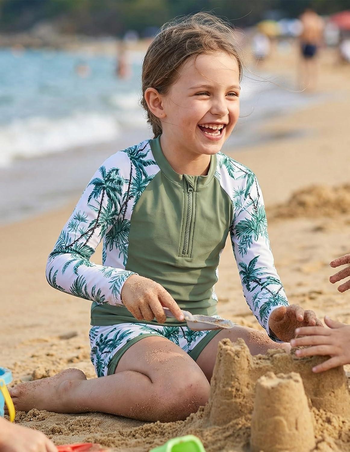 imageGRACE KARIN Girls Rash Guard Swimsuits 2 Piece Long Sleeve Bathing Suit UPF 50 Summer Swimwear Size 612YGreen Coconut Tree