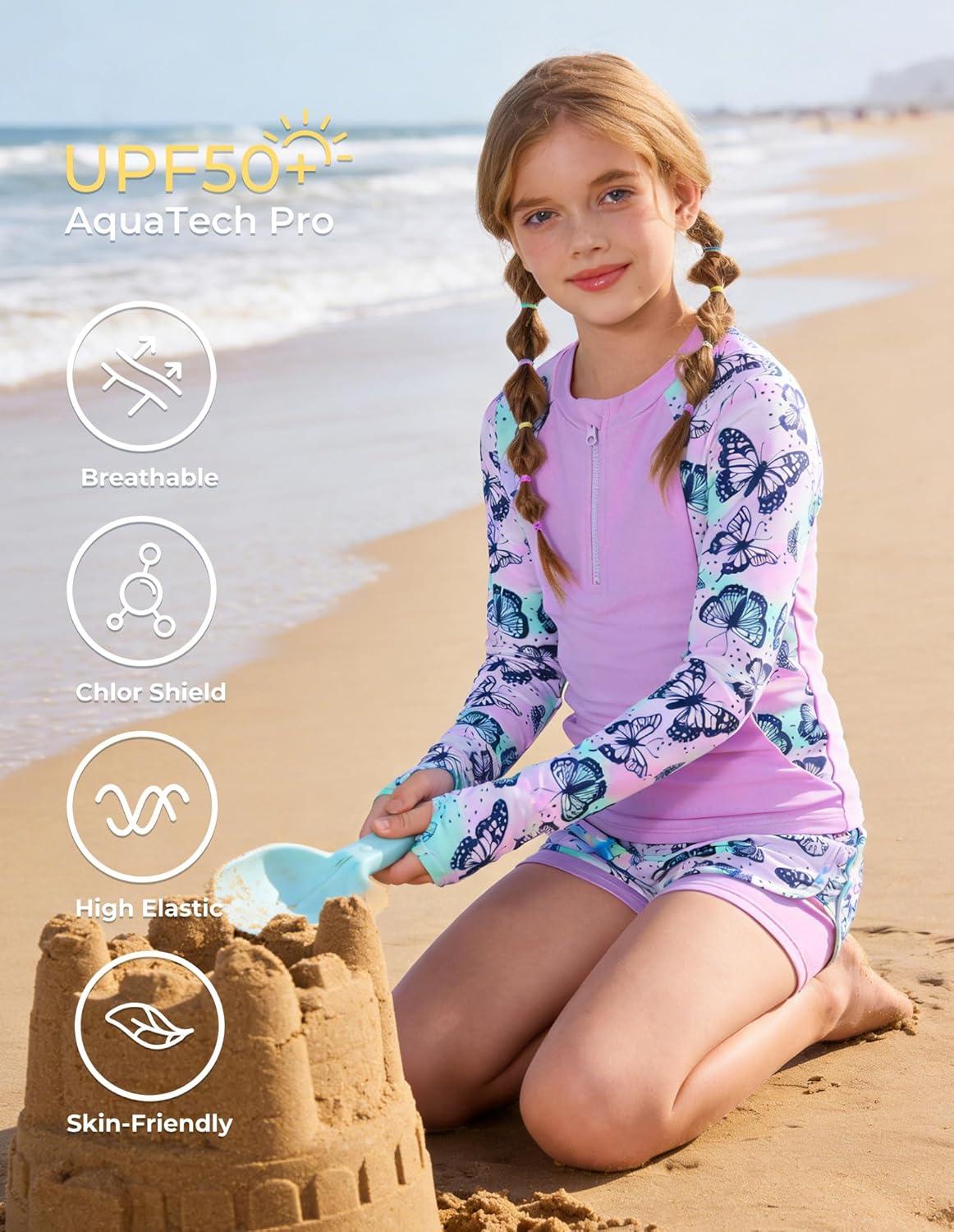 imageGRACE KARIN Girls Rash Guard Swimsuits 2 Piece Long Sleeve Bathing Suit UPF 50 Summer Swimwear Size 612YPurple Butterfly