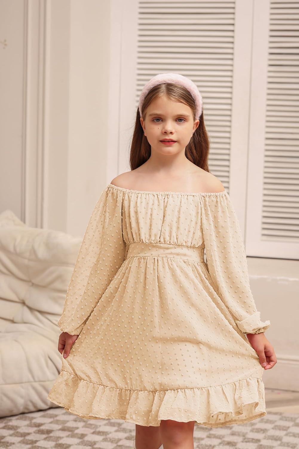 imageGRACE KARIN Girls Ruffle Tiered Dress Long Sleeve Swiss Dot Flowy ALine Dress 614YApricot