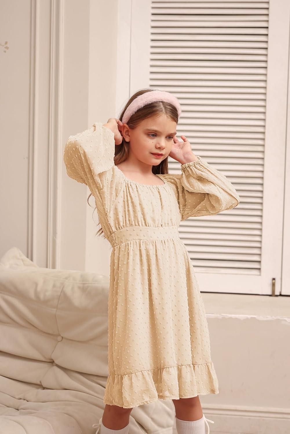 imageGRACE KARIN Girls Ruffle Tiered Dress Long Sleeve Swiss Dot Flowy ALine Dress 614YApricot