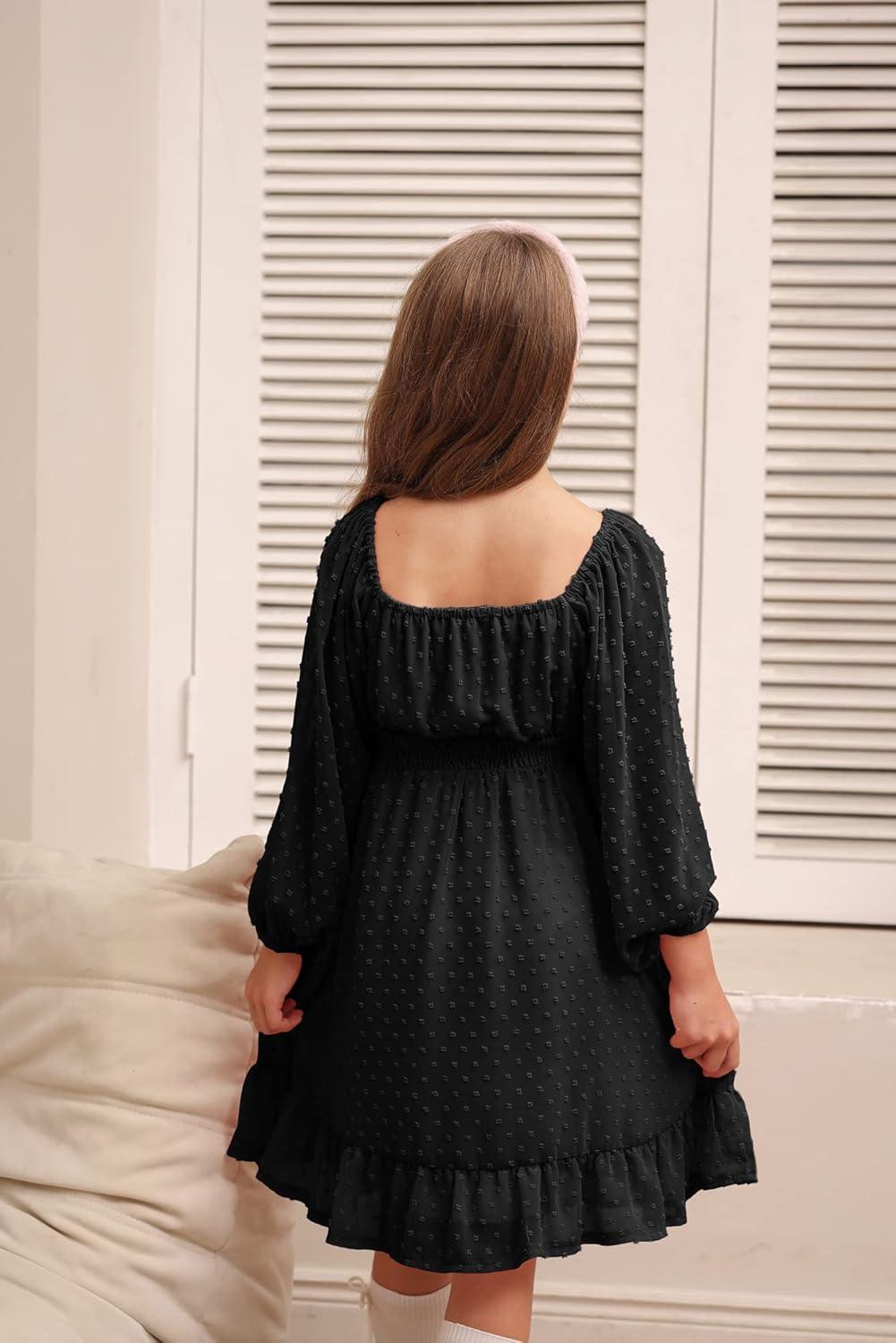 imageGRACE KARIN Girls Ruffle Tiered Dress Long Sleeve Swiss Dot Flowy ALine Dress 614YBlack