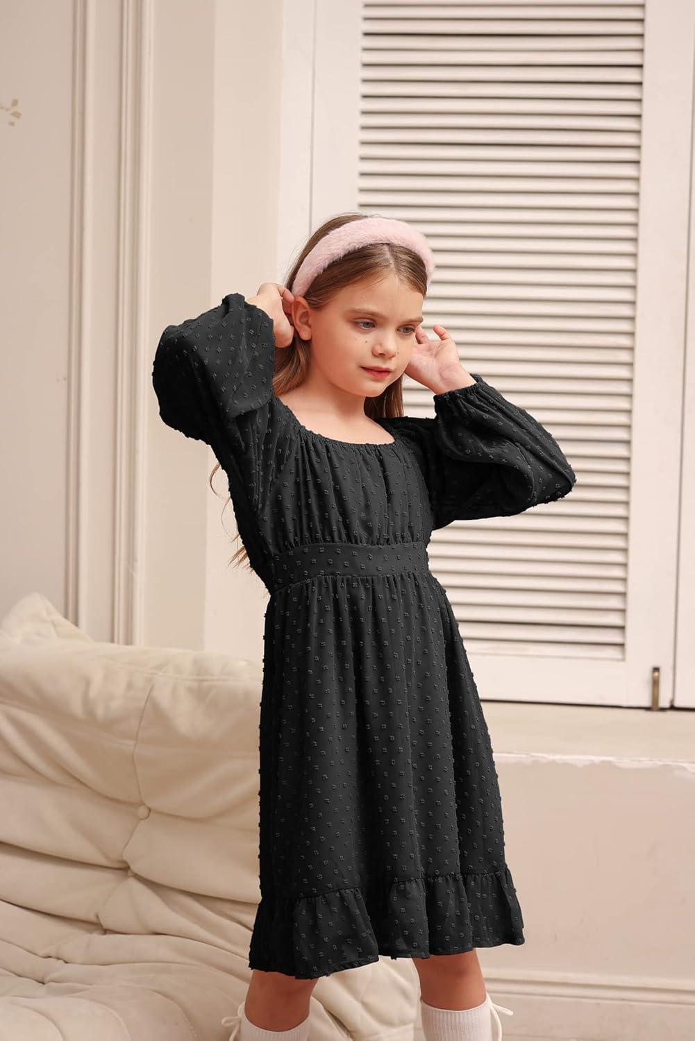 imageGRACE KARIN Girls Ruffle Tiered Dress Long Sleeve Swiss Dot Flowy ALine Dress 614YBlack