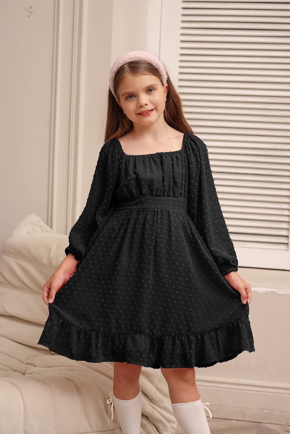 imageGRACE KARIN Girls Ruffle Tiered Dress Long Sleeve Swiss Dot Flowy ALine Dress 614YBlack