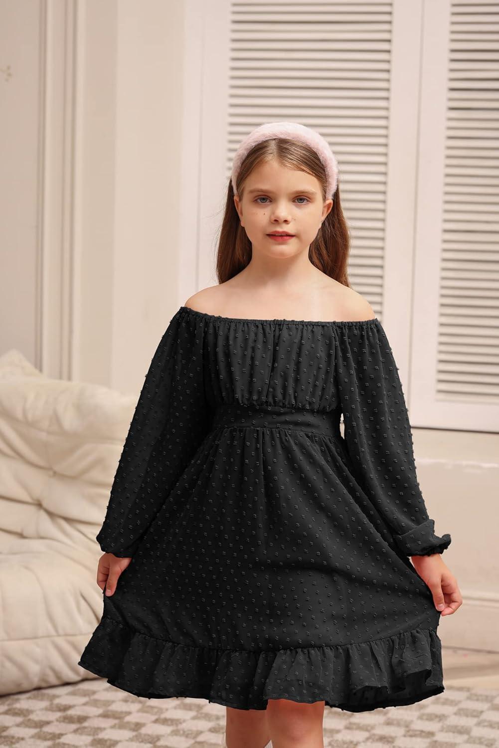 imageGRACE KARIN Girls Ruffle Tiered Dress Long Sleeve Swiss Dot Flowy ALine Dress 614YBlack
