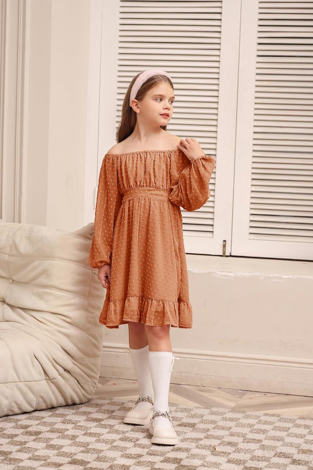 imageGRACE KARIN Girls Ruffle Tiered Dress Long Sleeve Swiss Dot Flowy ALine Dress 614YBurnt Orange
