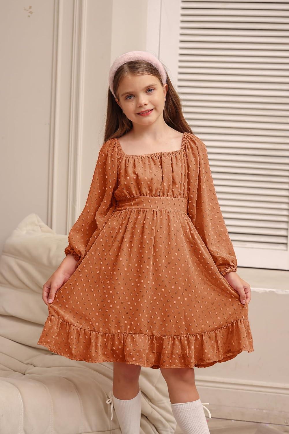 imageGRACE KARIN Girls Ruffle Tiered Dress Long Sleeve Swiss Dot Flowy ALine Dress 614YBurnt Orange