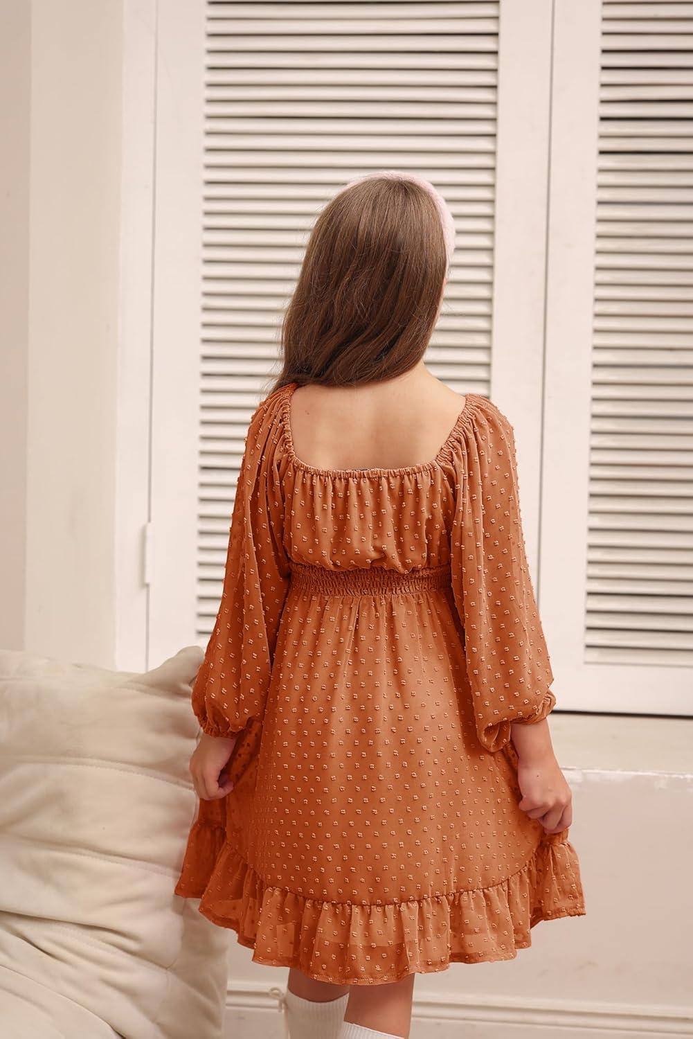 imageGRACE KARIN Girls Ruffle Tiered Dress Long Sleeve Swiss Dot Flowy ALine Dress 614YBurnt Orange